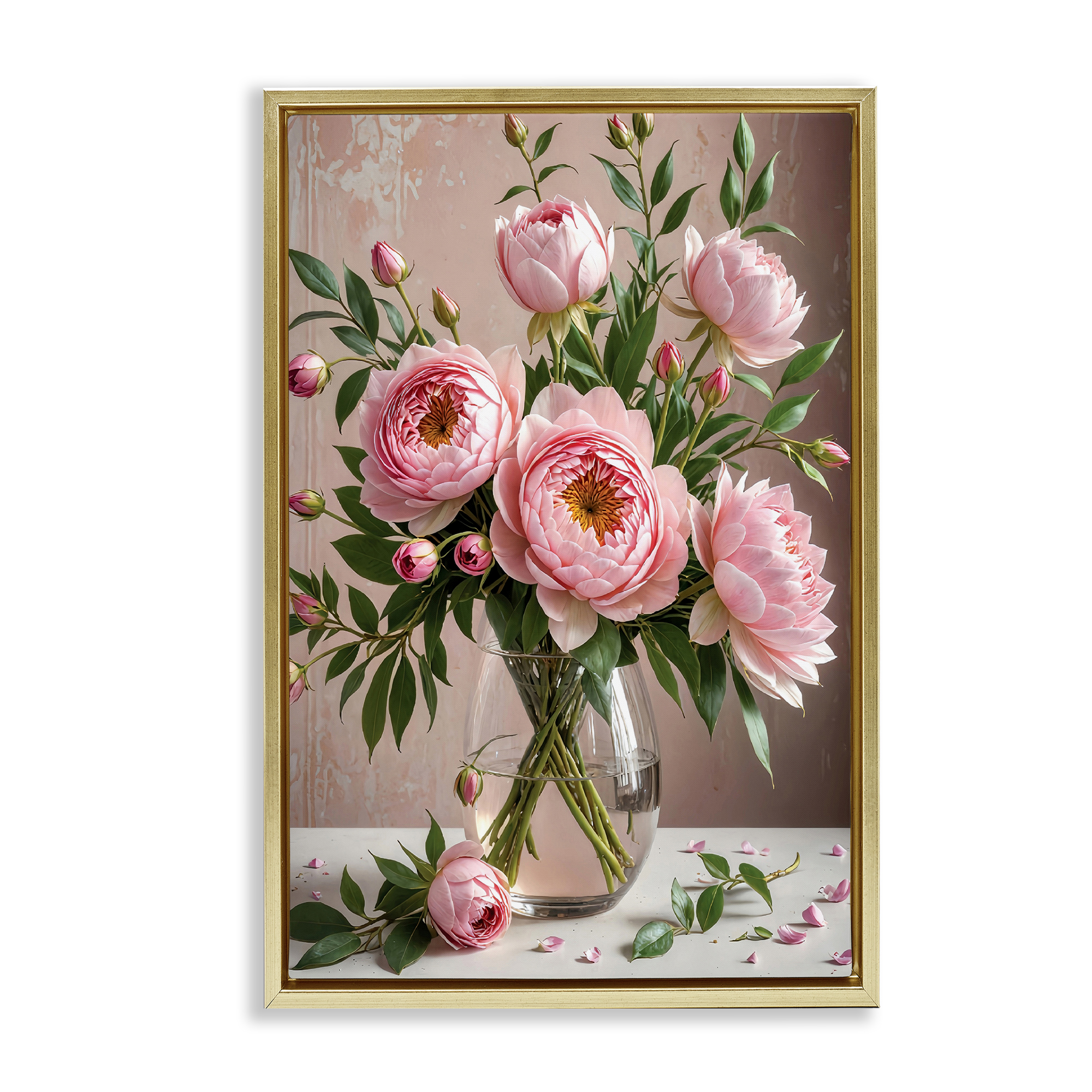 Stupell Industries Elegant Peonies in Vase Plants & Flowers Painting Gold Floater Framed Canvas Art Print Wall Art, 17 x 25
