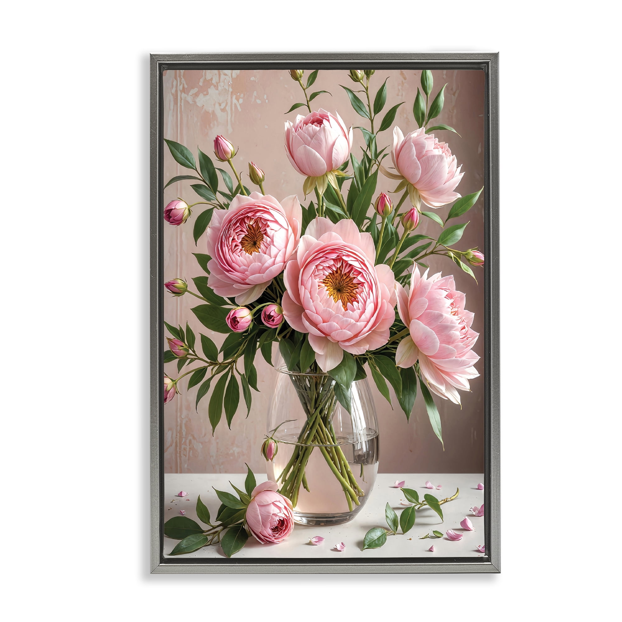 Stupell Industries Elegant Peonies in Vase Plants & Flowers Painting Gray Floater Framed Canvas Art Print Wall Art, 21 x 31