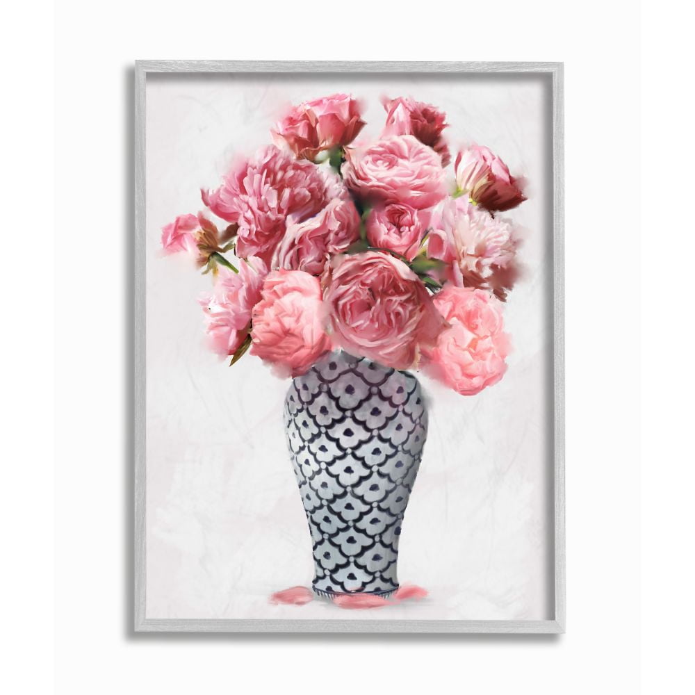 Stupell Industries Elegant Pink Peony Floral Bouquet in Vase Framed Wall Art Design by Ziwei Li, 11" x 14", Gray Framed