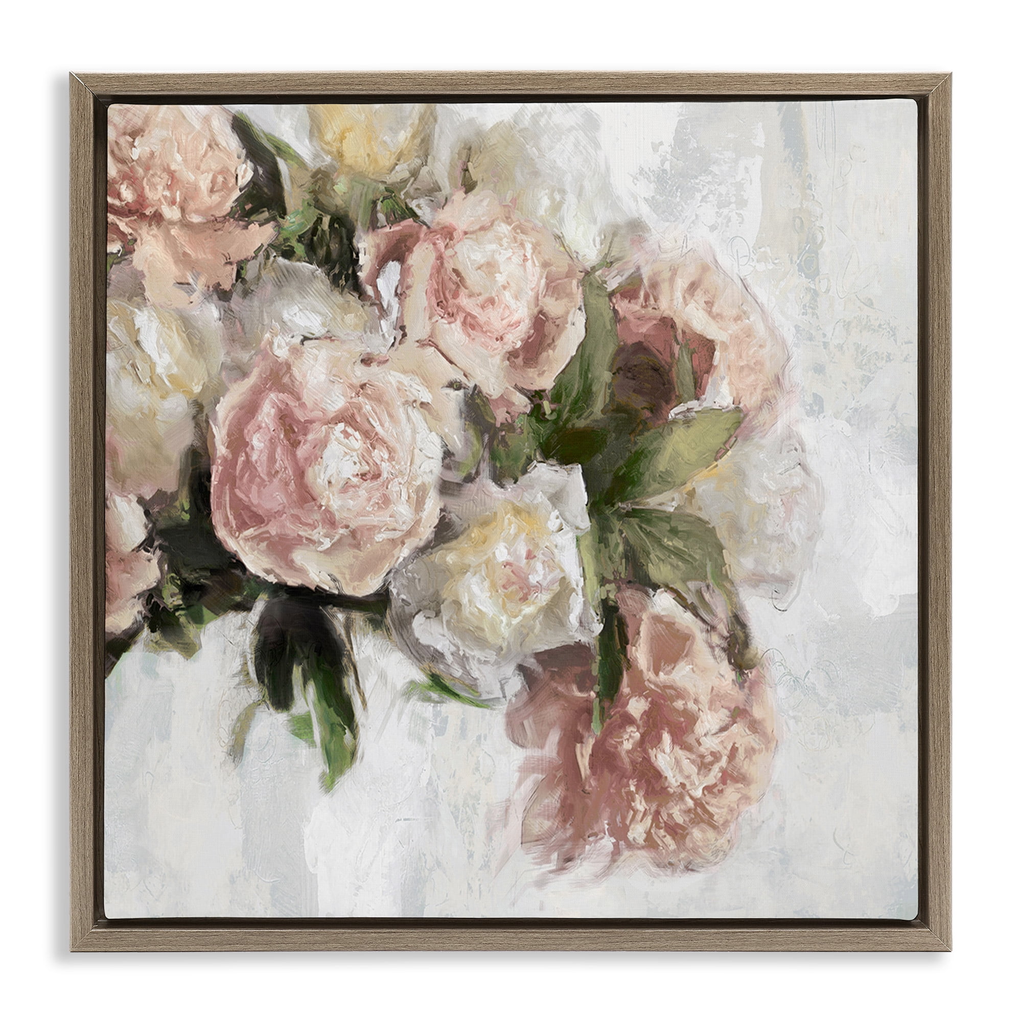 Stupell Industries Elegant Pink Roses Arrangement Botanical & Floral Painting Brown Floater Framed Canvas Art Print Wall Art, 18 x 18