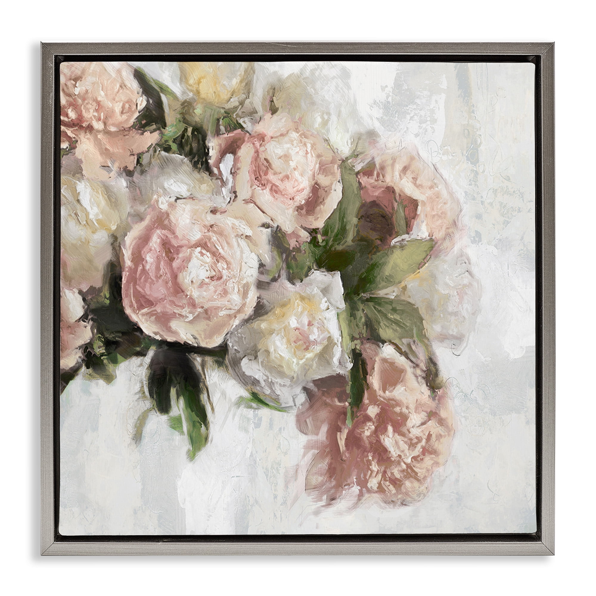 Stupell Industries Elegant Pink Roses Arrangement Botanical & Floral Painting Gray Floater Framed Canvas Art Print Wall Art, 25 x 25