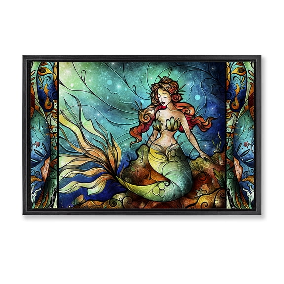 Stupell Industries Elegant Seated Mermaid Fantasy & Sci-Fi Painting Black Floater Framed Canvas Art Print Wall Art, 25 x 17
