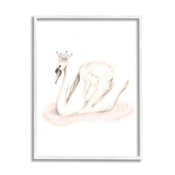 Stupell Industries Elegant Swan Princess Wearing Crown Tiara Pink Jewels Graphic Art White Framed Art Print Wall Art, Design by Studio Q