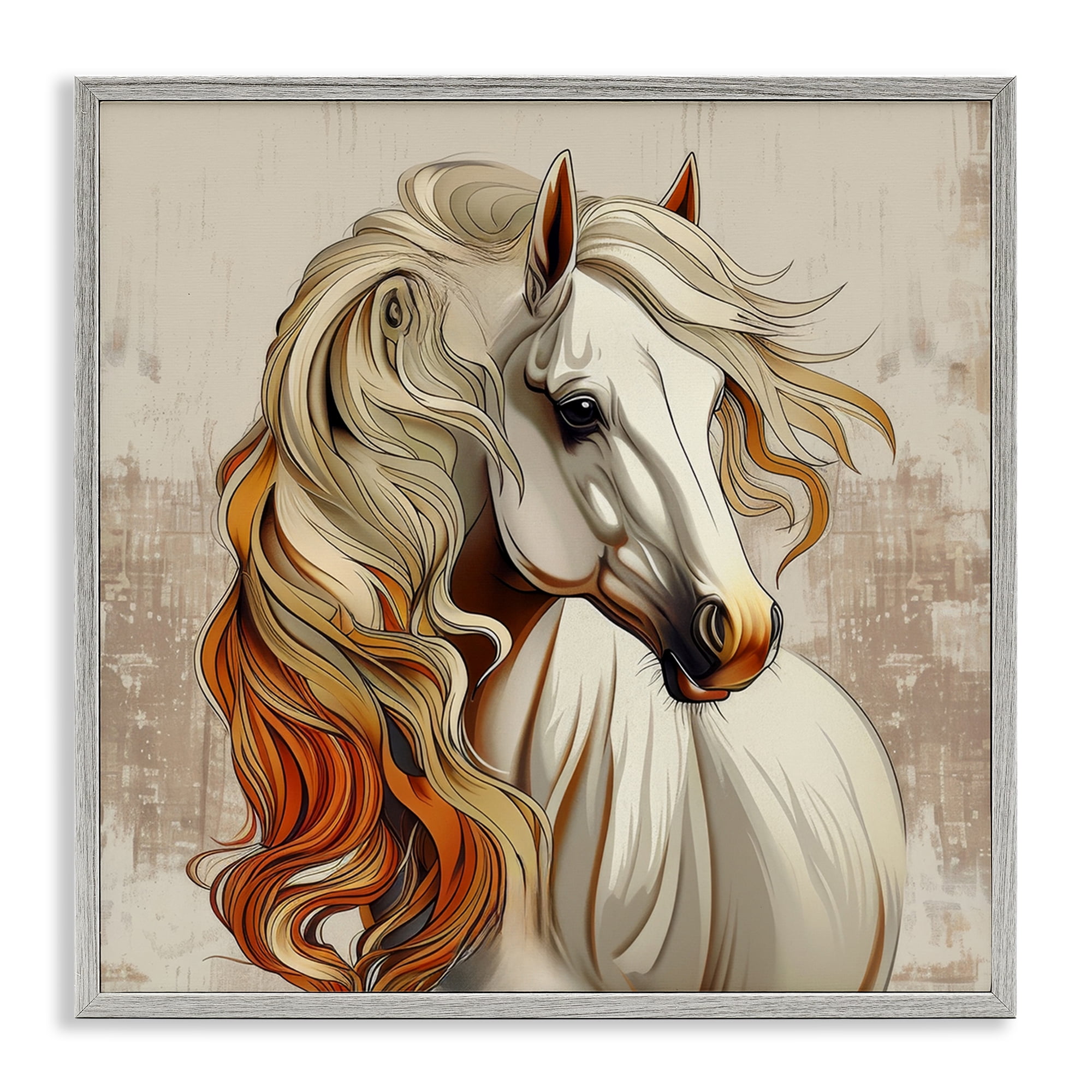 Stupell Industries Elegant Wavy Horse Mane Animals Painting Gray Framed Art Print Wall Art, 12 x 12