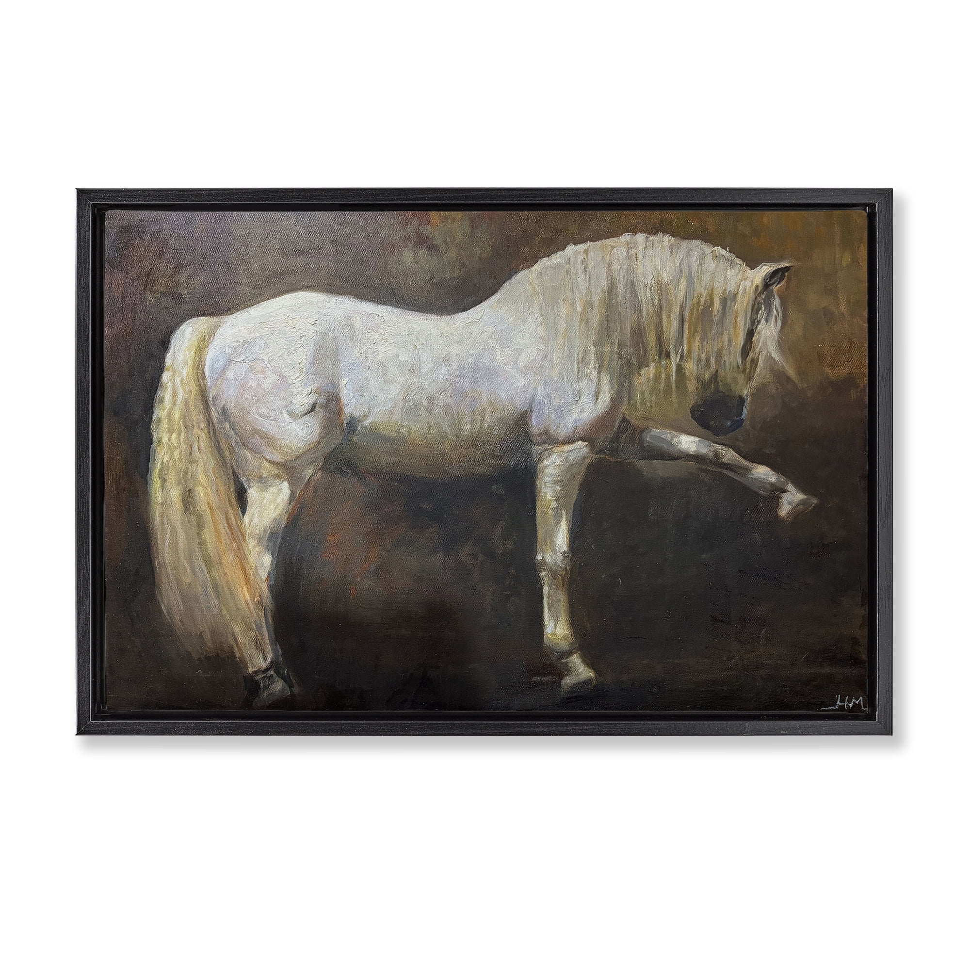 Stupell Industries Elegant White Stallion in Motion Black Framed Floater Canvas Wall Art, design by Hilary McCarthy