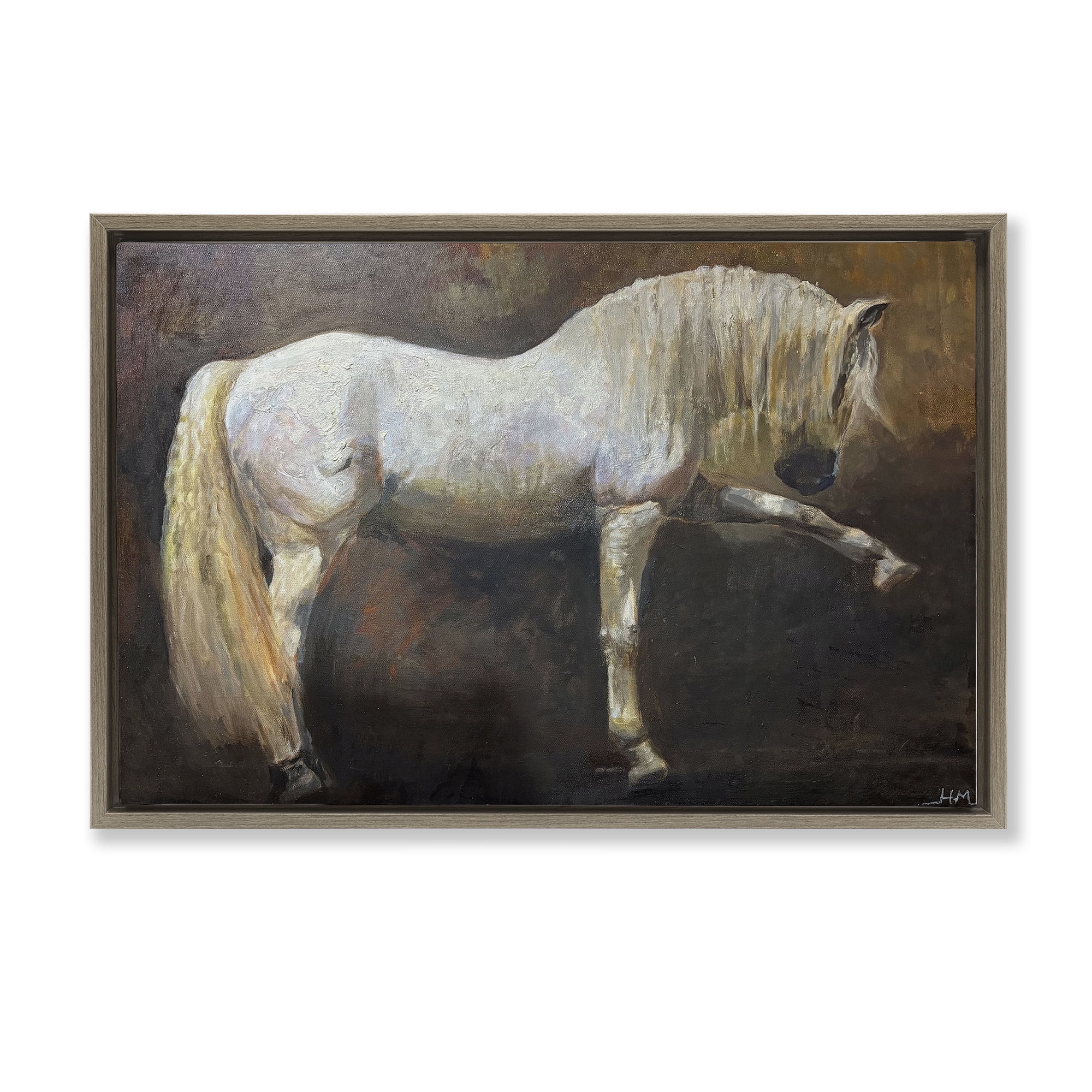 Stupell Industries Elegant White Stallion in Motion Brown Framed Floater Canvas Wall Art, design by Hilary McCarthy