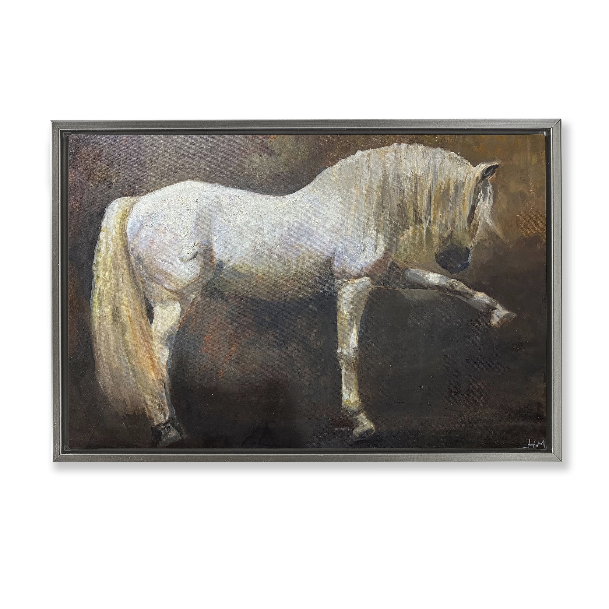 Stupell Industries Elegant White Stallion in Motion Gray Framed Floater Canvas Wall Art, design by Hilary McCarthy