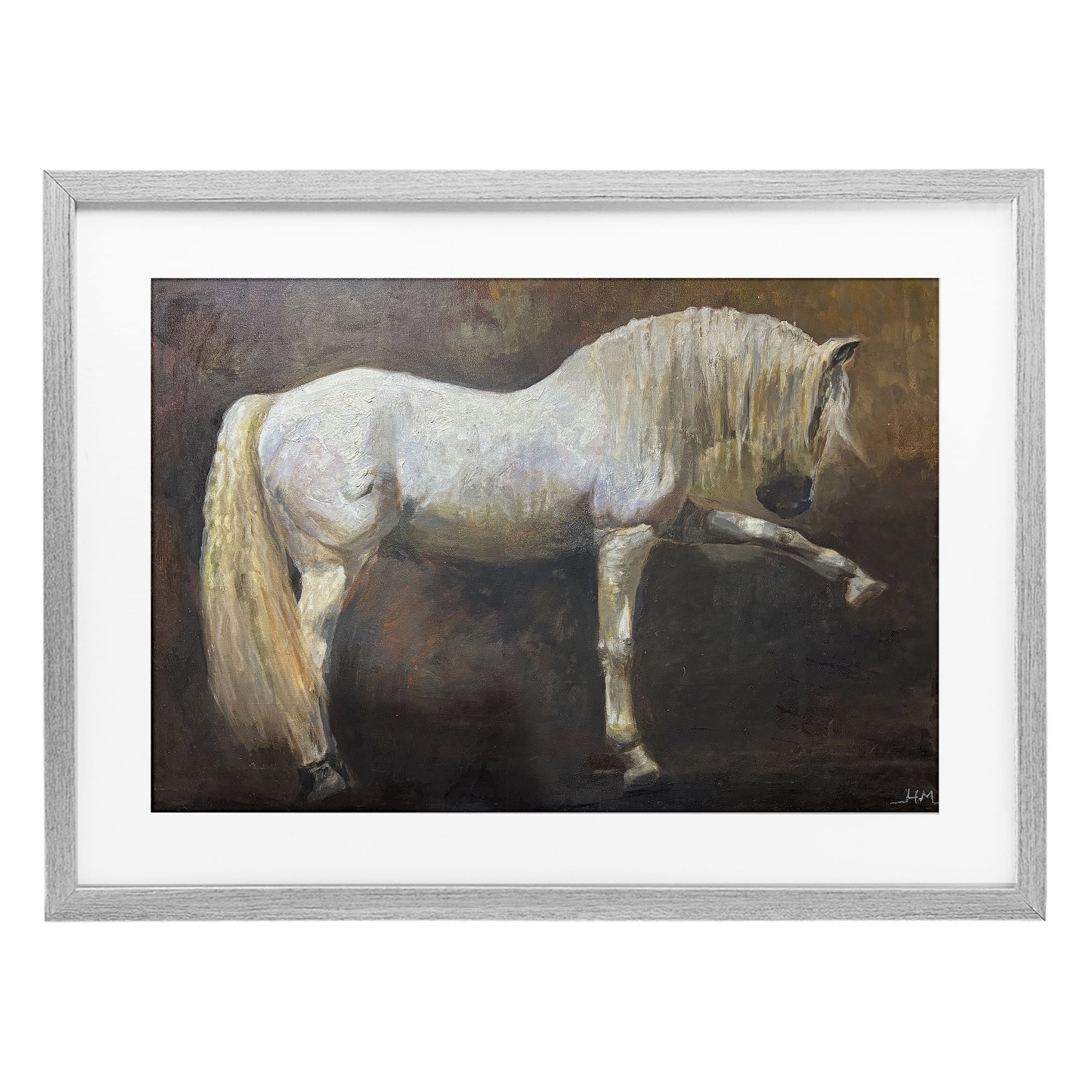 Stupell Industries Elegant White Stallion in Motion Gray Framed Print Under Glass, design by Hilary McCarthy