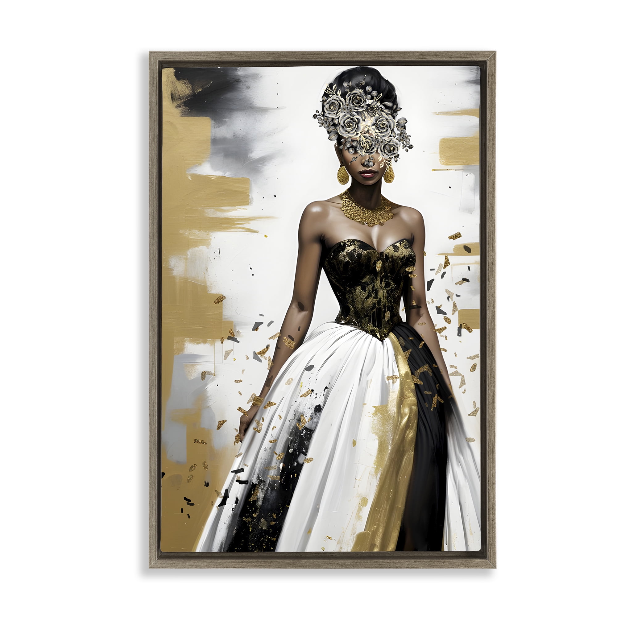 Stupell Industries Elegant Woman Beautiful Gown People Painting Brown Floater Framed Canvas Art Print Wall Art, 17 x 25