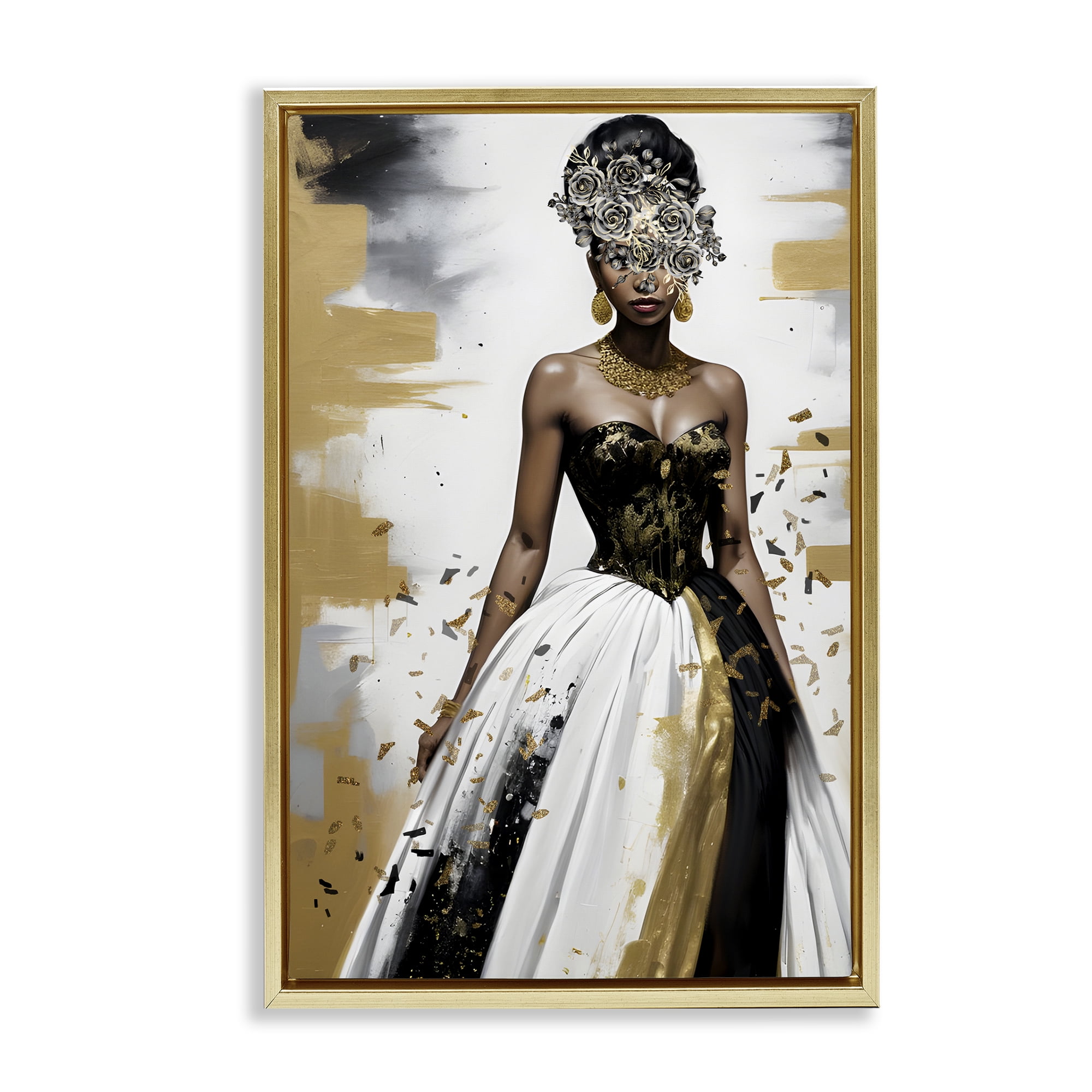 Stupell Industries Elegant Woman Beautiful Gown People Painting Gold Floater Framed Canvas Art Print Wall Art, 17 x 25