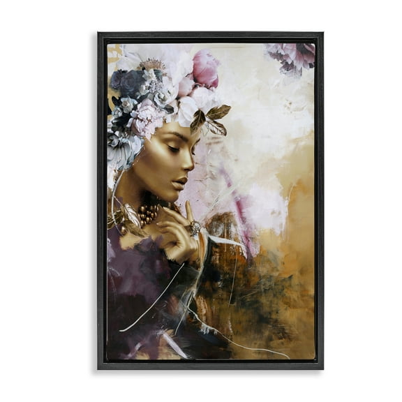 Stupell Industries Elegant Woman & Florals Portrait Painting Black Floater Framed Canvas Art Print Wall Art, 17 x 25