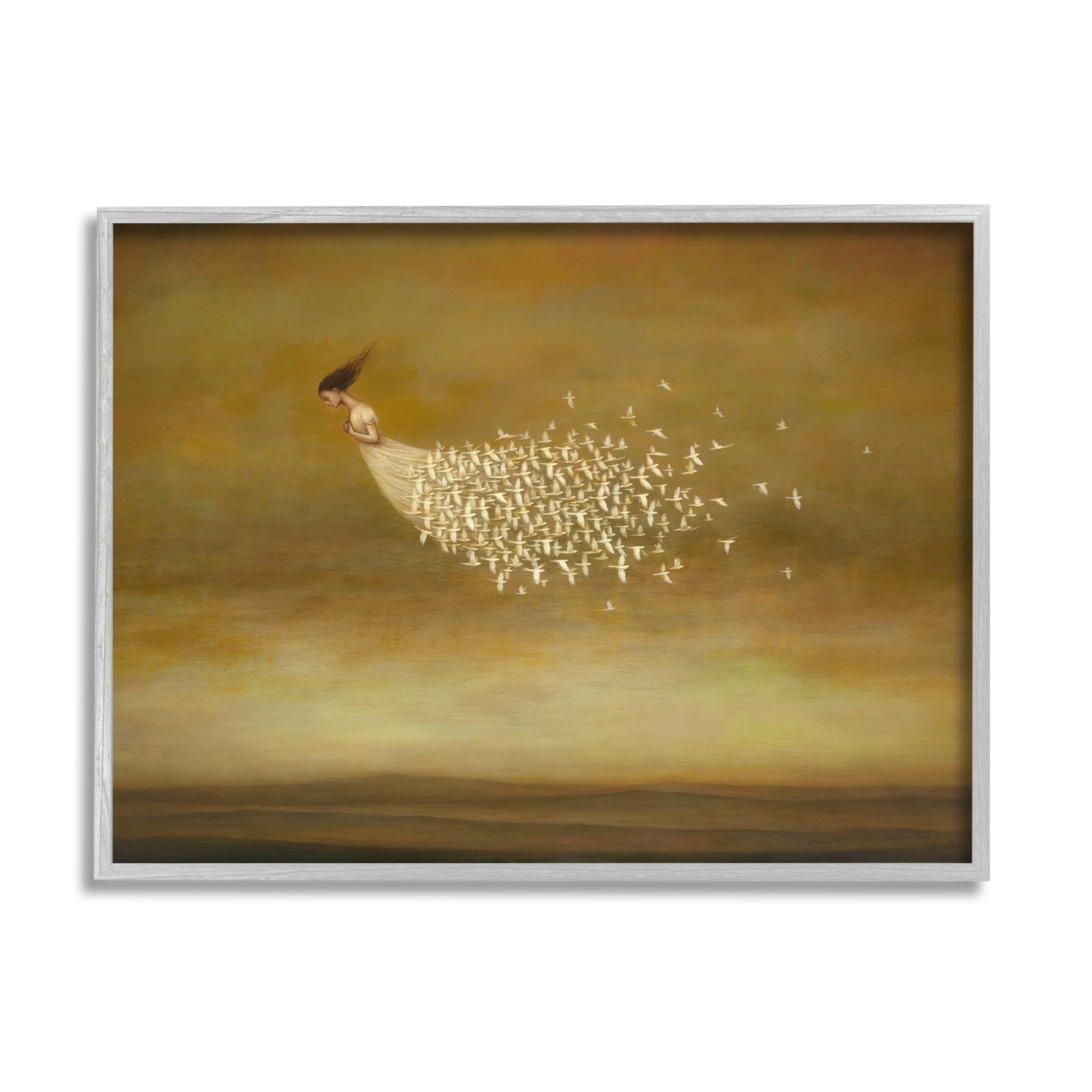 Stupell Industries Elegant Woman Flying Doves Birds Dress Ochre Sky Framed Wall Art, 14 x 11, Design by Duy Huynh