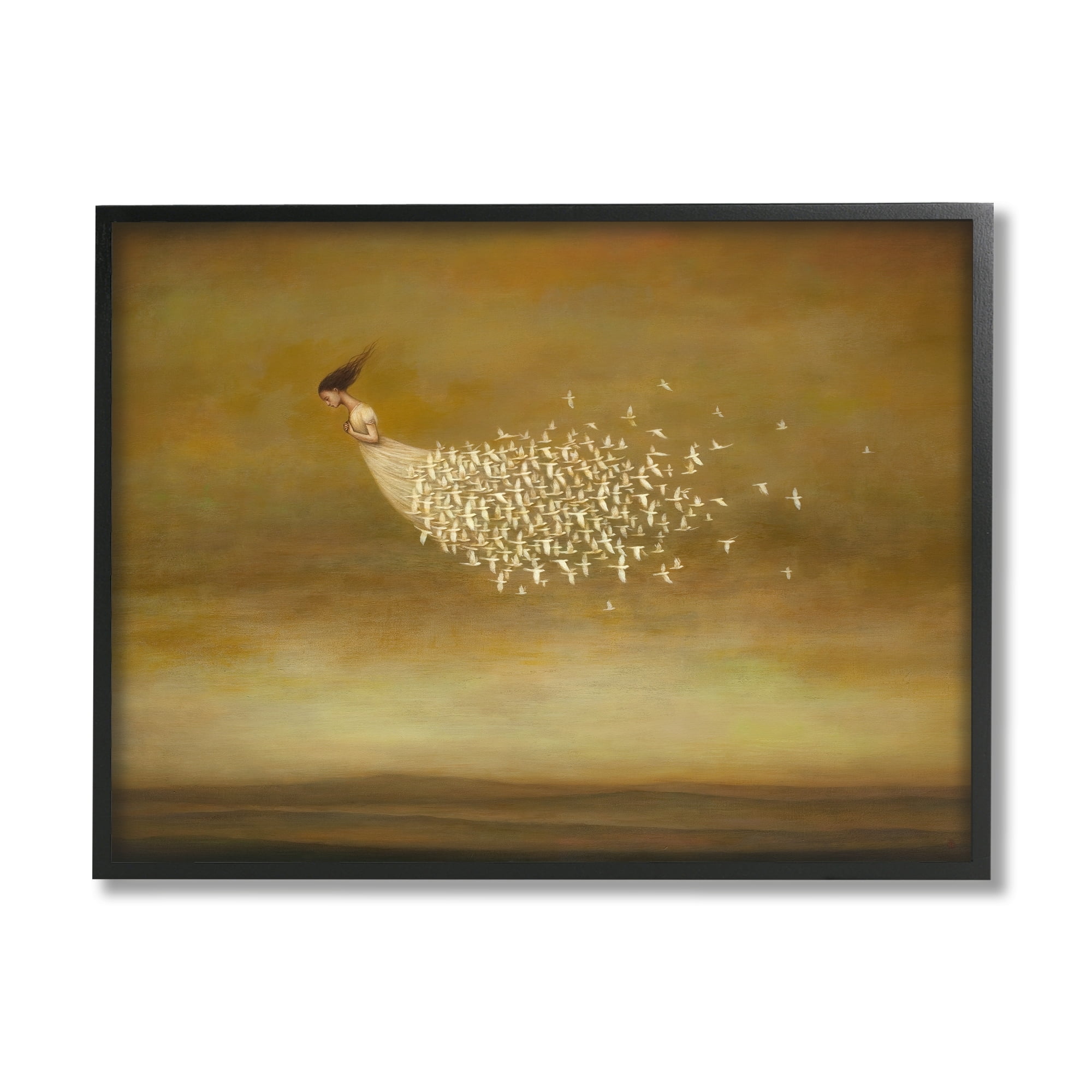 Elegant Woman Flying Doves Birds Dress Ochre Sky Animals & Insects Painting Framed Art Print Wall Art