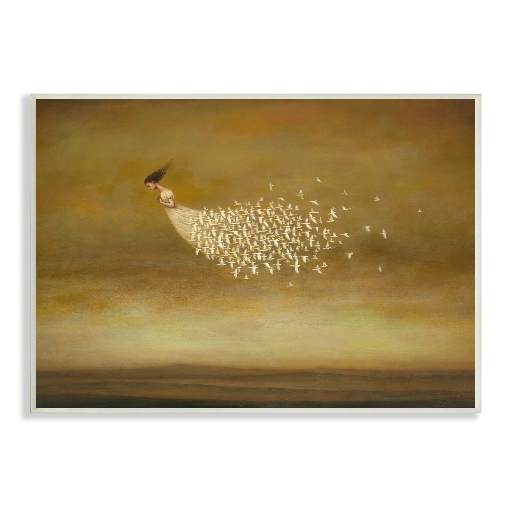 Stupell Industries Elegant Woman Flying Doves Birds Dress Ochre Sky Wood Wall Art, 19 x 13, Design by Duy Huynh