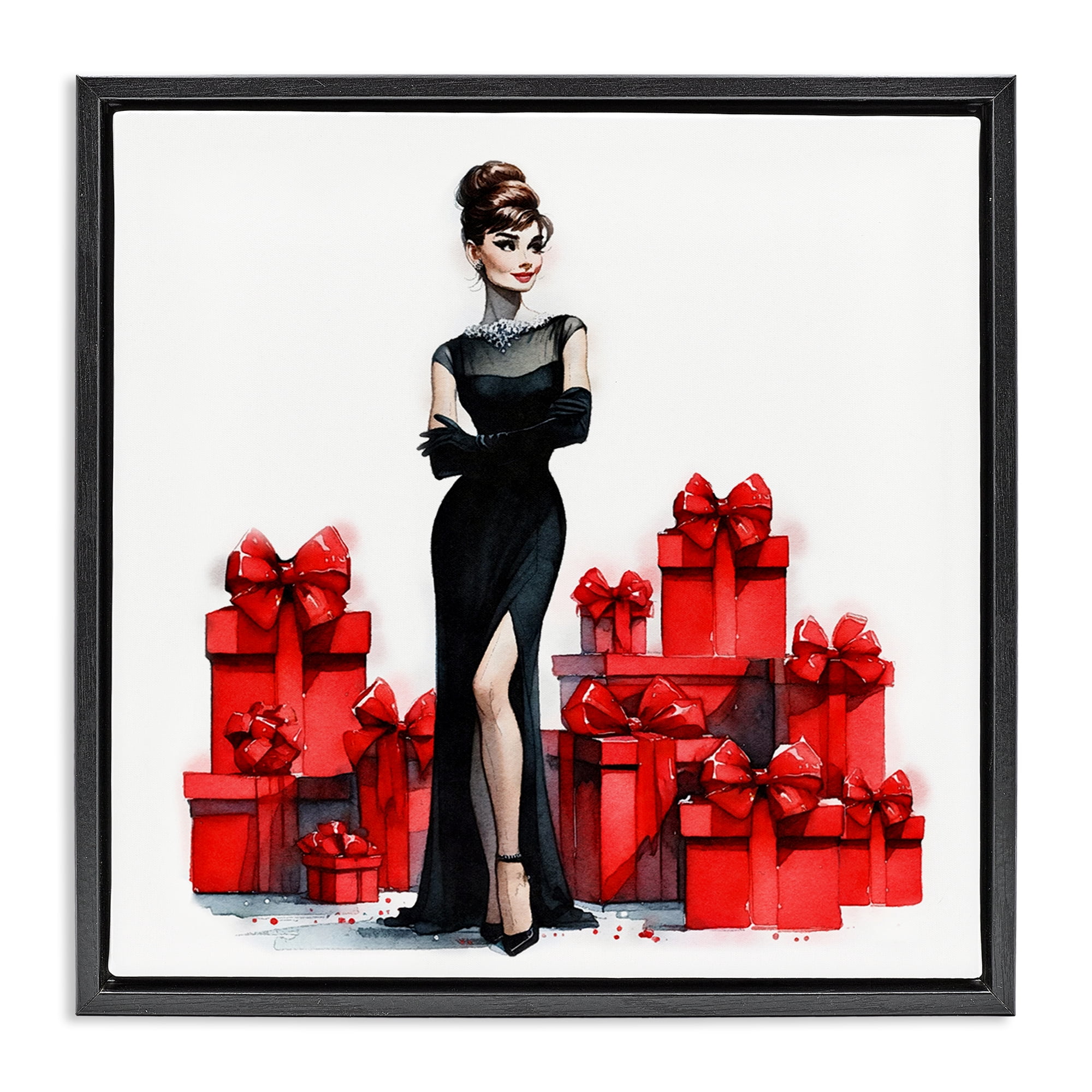Stupell Industries Elegant Woman & Gifts Holiday Painting Black Floater Framed Canvas Art Prints Wall Art, 18 x 18