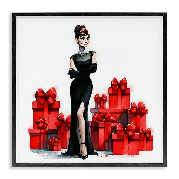Stupell Industries Elegant Woman & Gifts Holiday Painting Black Framed Art Prints Wall Art, 12 x 12