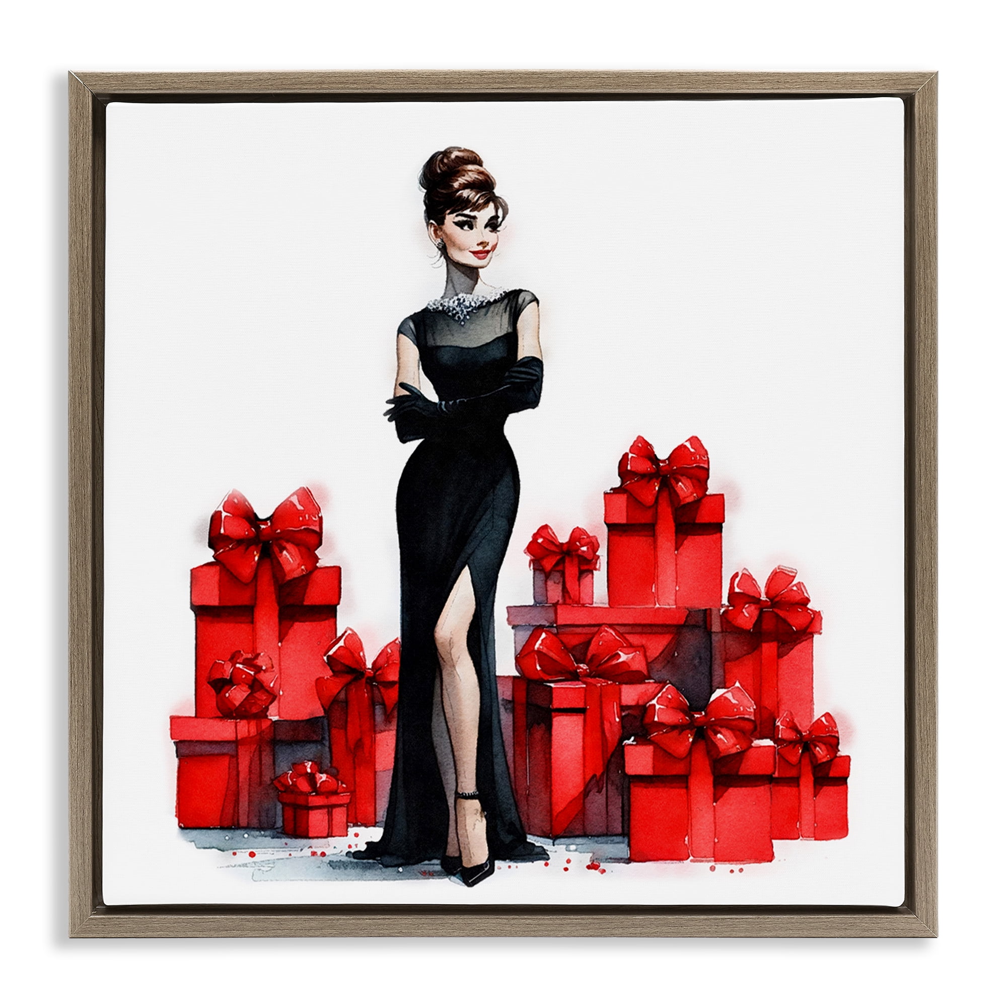 Stupell Industries Elegant Woman & Gifts Holiday Painting Brown Floater Framed Canvas Art Prints Wall Art, 18 x 18