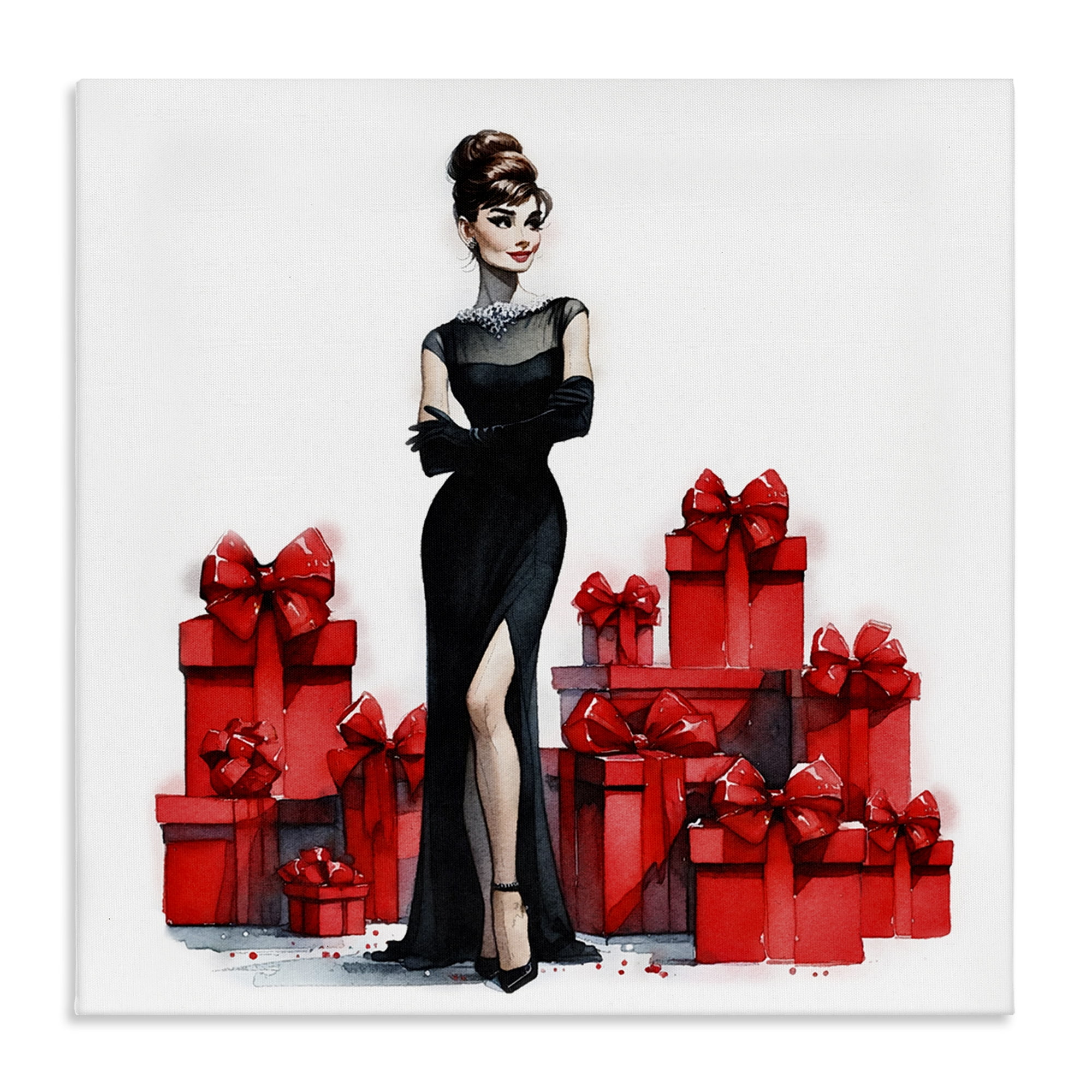 Stupell Industries Elegant Woman & Gifts Holiday Painting Gallery Wrapped Canvas Art Prints Wall Art, 17 x 17