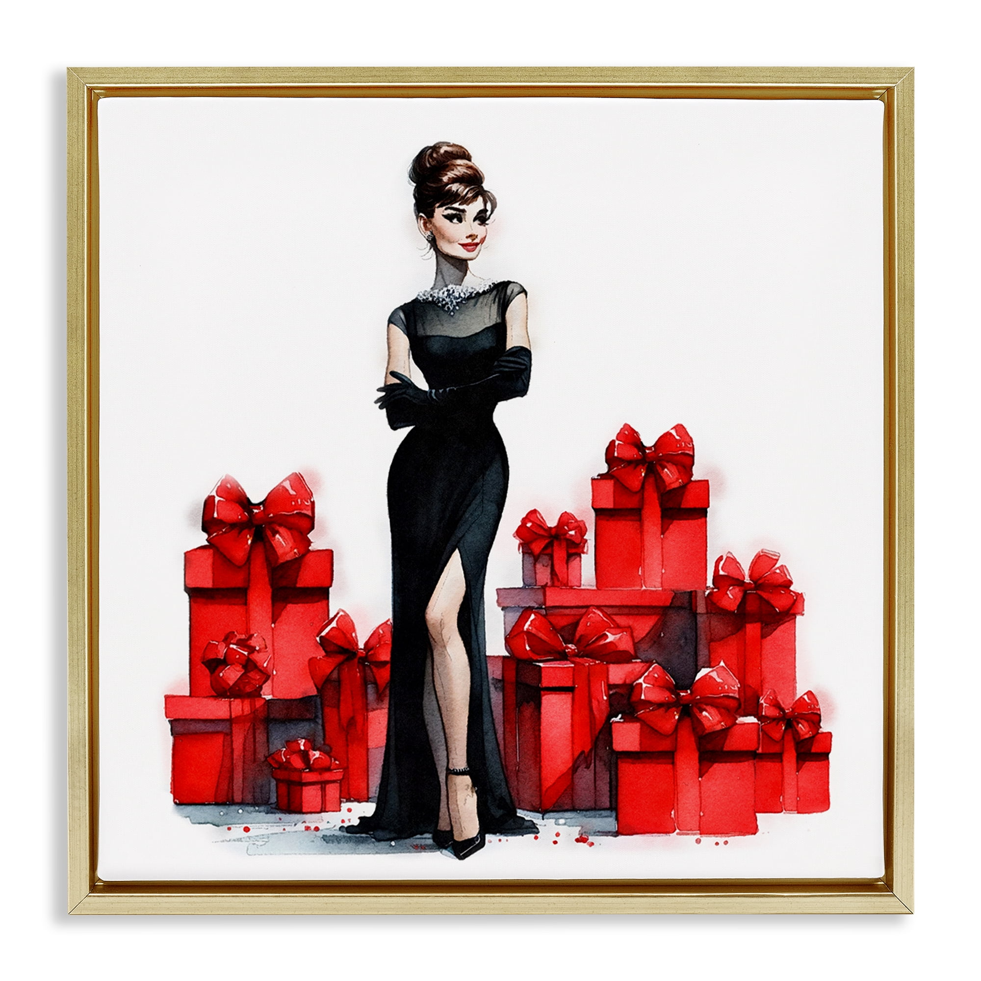 Stupell Industries Elegant Woman & Gifts Holiday Painting Gold Floater Framed Canvas Art Prints Wall Art, 18 x 18