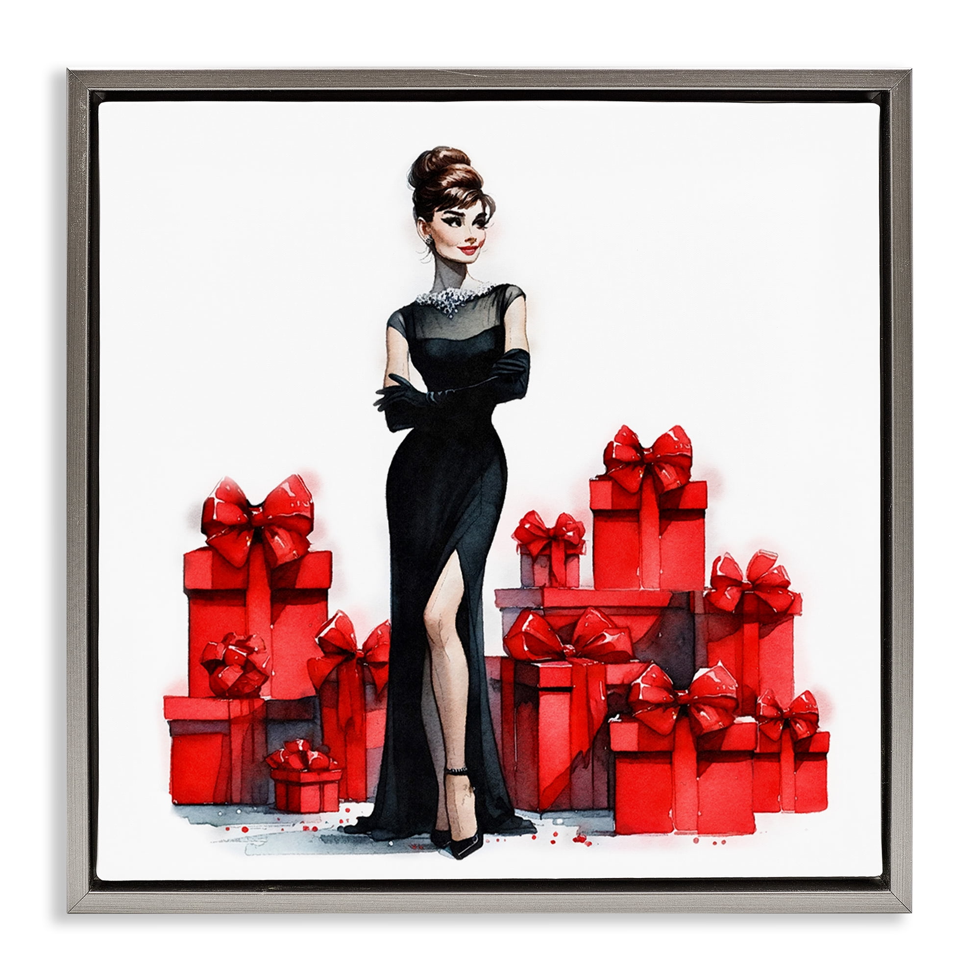 Stupell Industries Elegant Woman & Gifts Holiday Painting Gray Floater Framed Canvas Art Prints Wall Art, 18 x 18