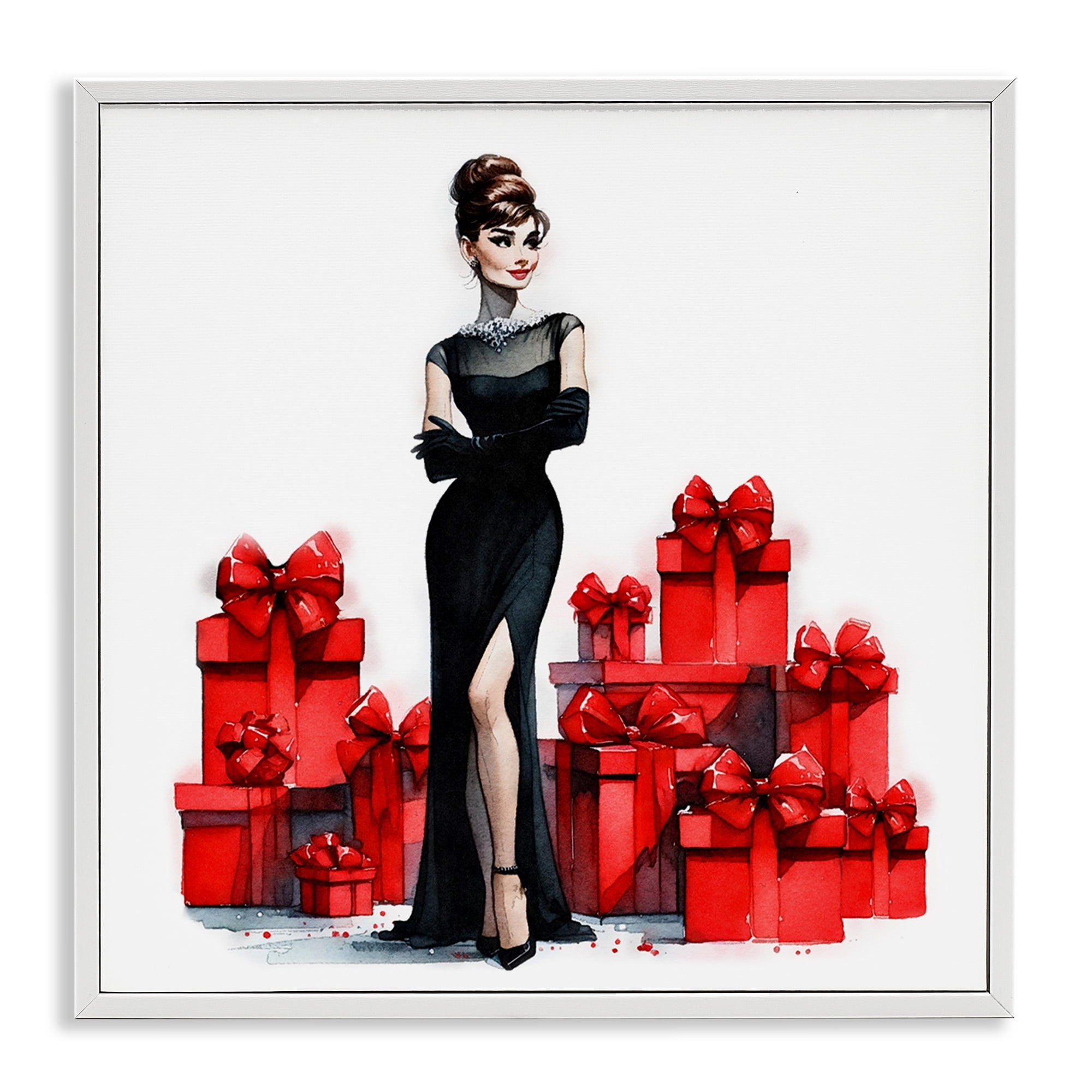Stupell Industries Elegant Woman & Gifts Holiday Painting White Framed Art Prints Wall Art, 24 x 24
