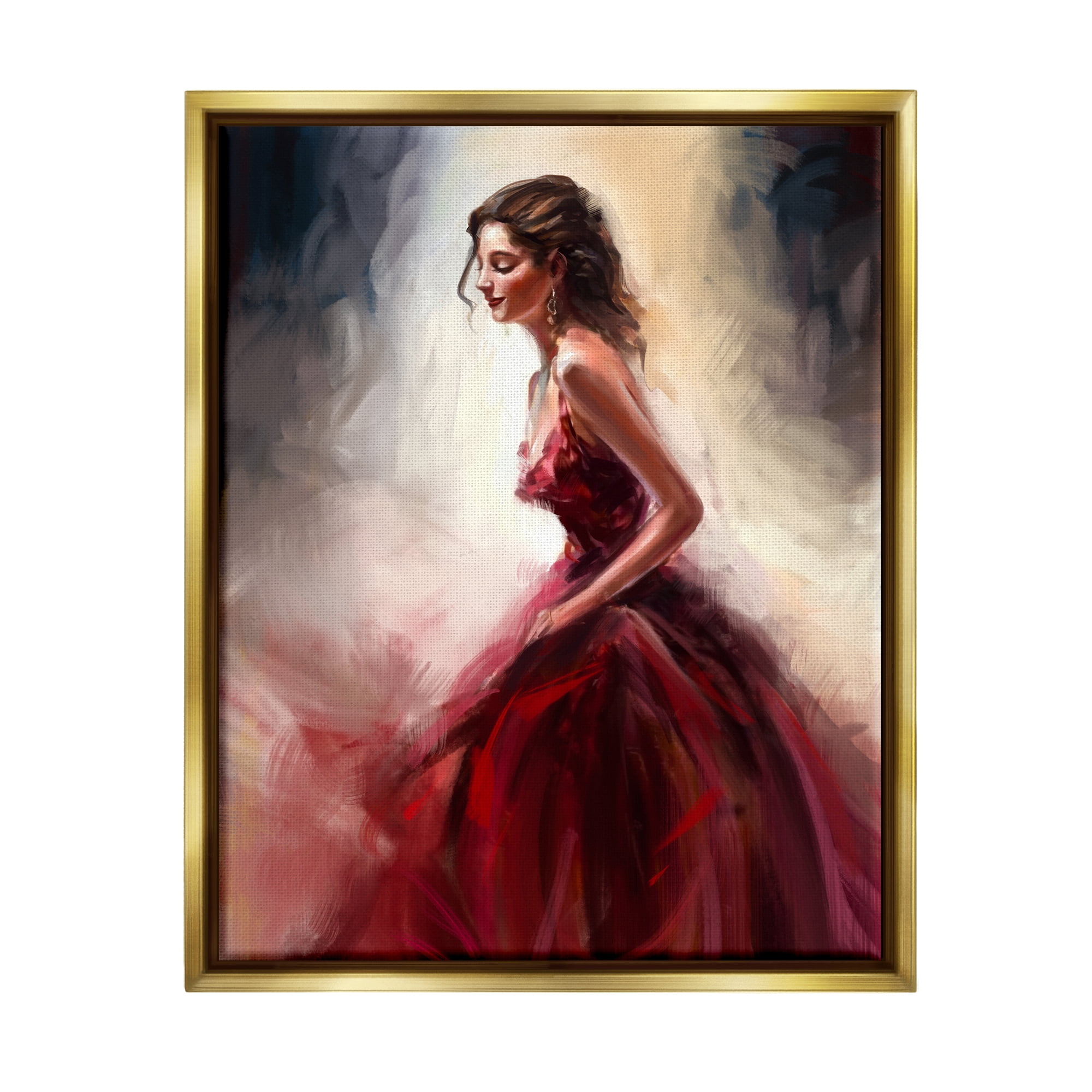 Stupell Industries Elegant Woman Red Dress Beauty & Fashion Painting Gold Floater Framed Art Print Wall Art