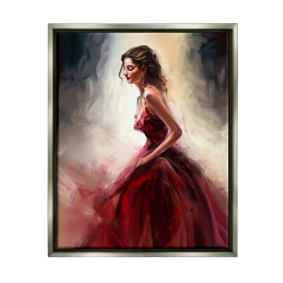 Stupell Industries Elegant Woman Red Dress Beauty & Fashion Painting Gray Floater Framed Art Print Wall Art