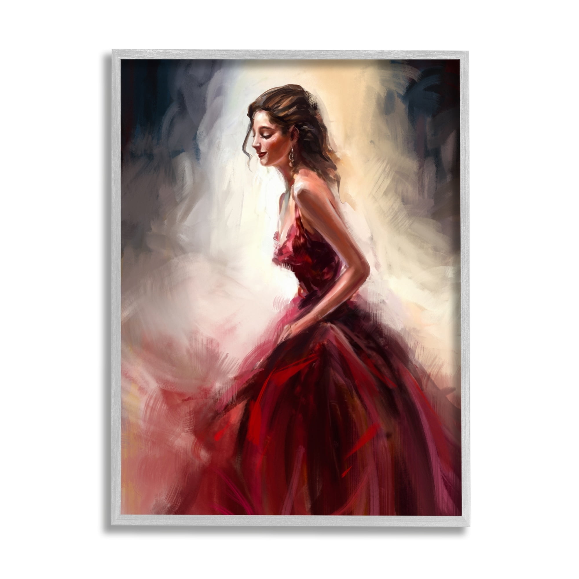 Stupell Industries Elegant Woman Red Dress Beauty & Fashion Painting Gray Framed Art Print Wall Art