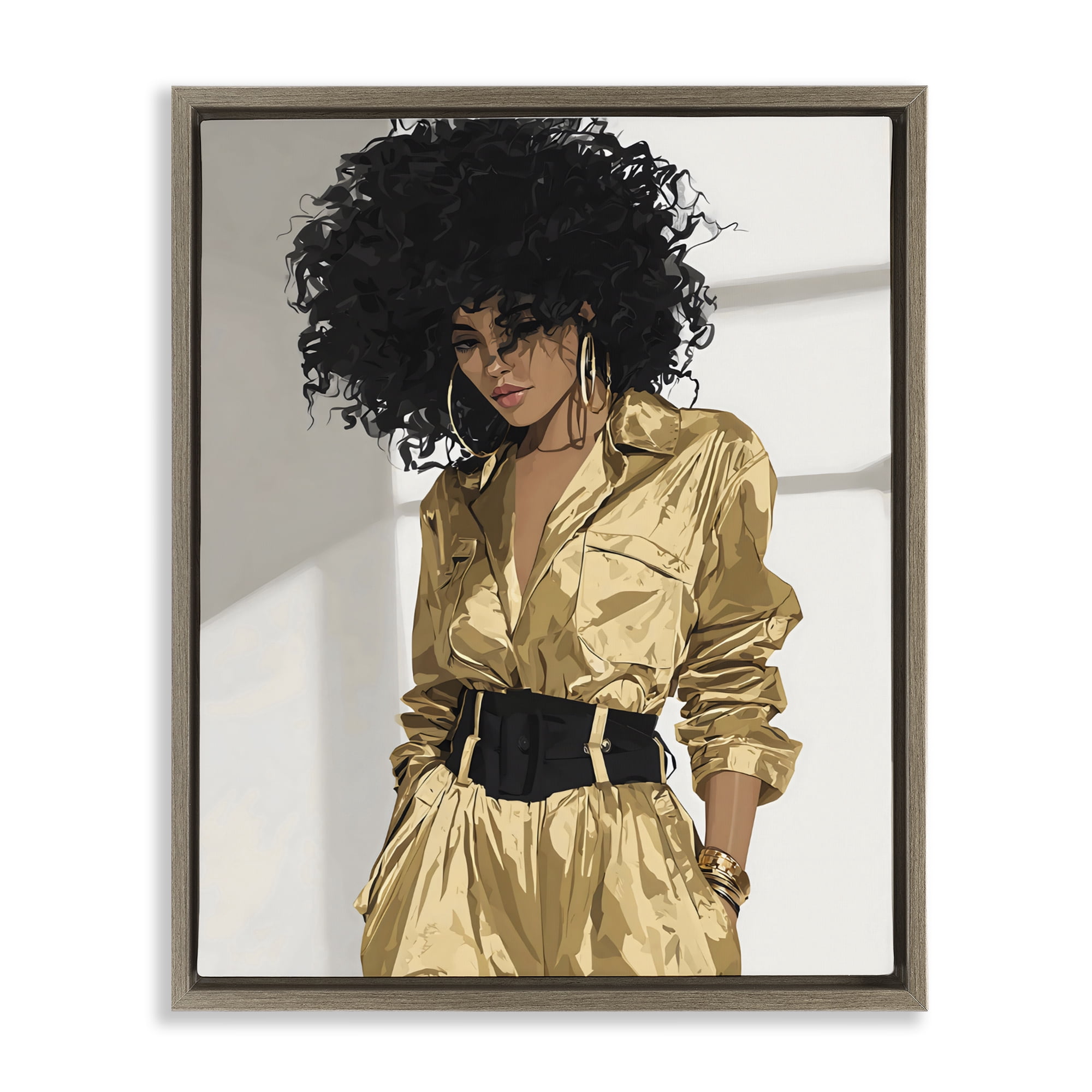 Stupell Industries Elegant Woman in Chic Jumpsuit Brown Framed Floater Canvas Wall Art, design by Franklyn Gregory