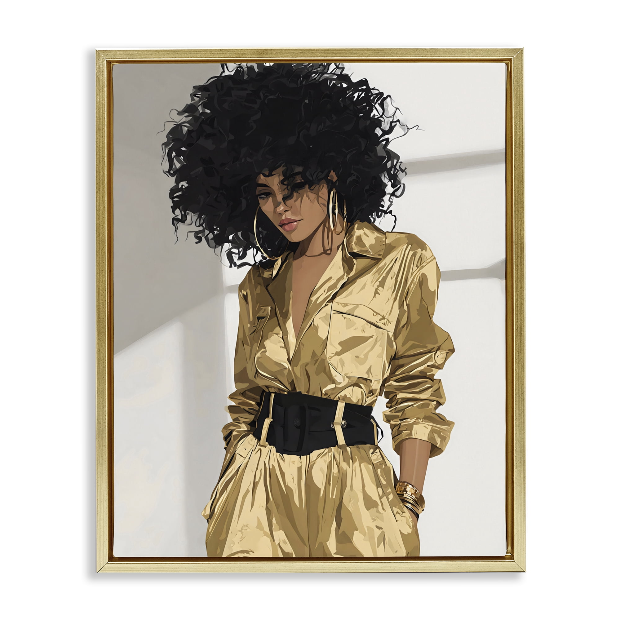 Stupell Industries Elegant Woman in Chic Jumpsuit Gold Framed Floater Canvas Wall Art, design by Franklyn Gregory