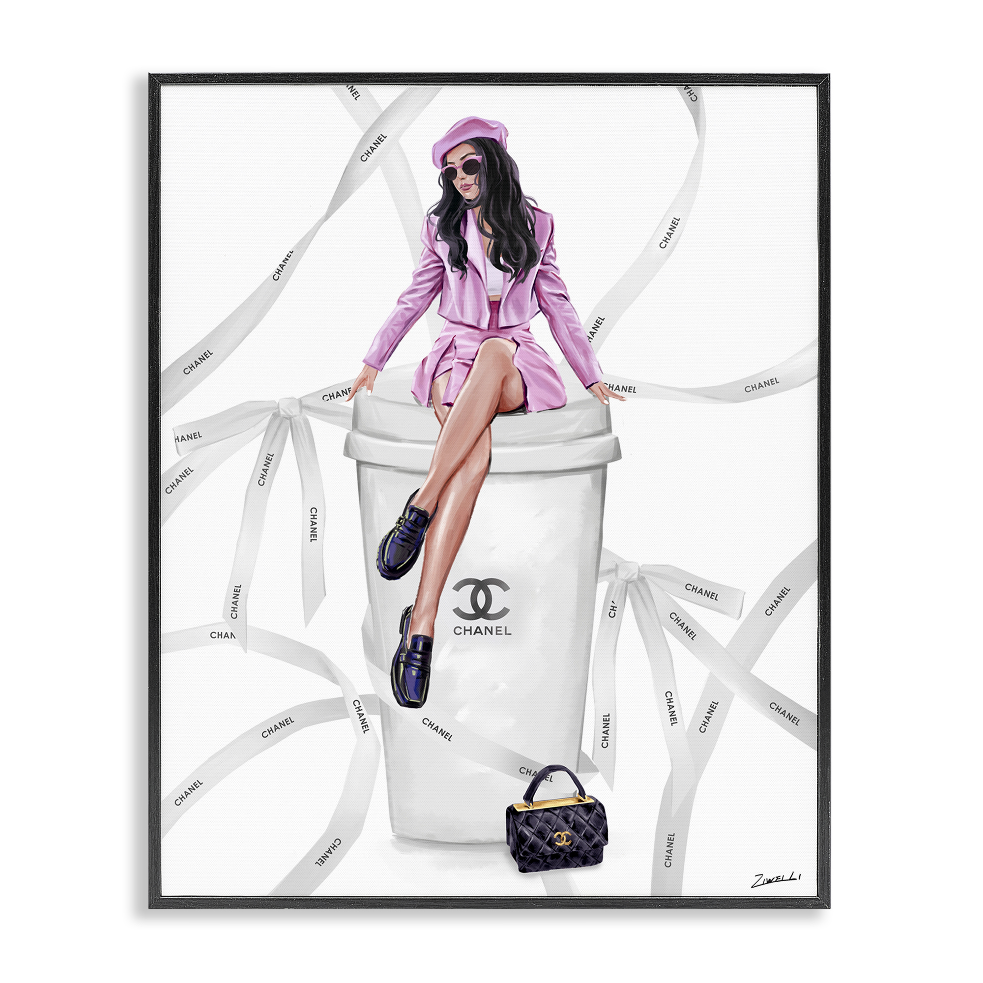 Stupell Industries Elegant Woman on Coffee Cup People Painting Black Framed Art Print Wall Art, 24 x 30