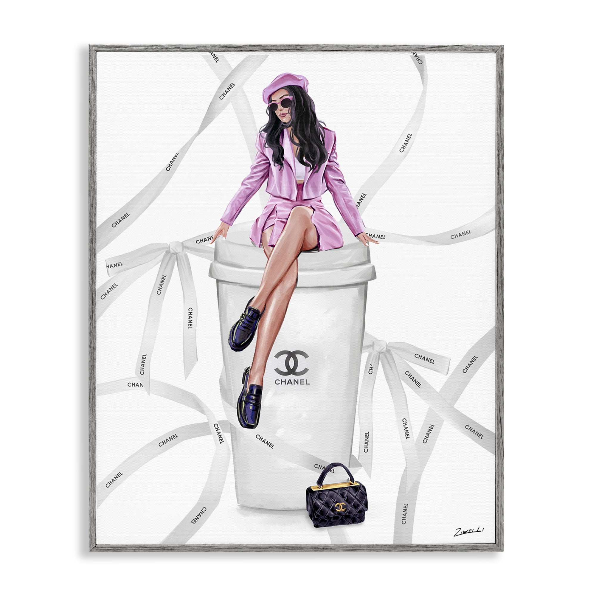 Stupell Industries Elegant Woman on Coffee Cup People Painting Gray Framed Art Print Wall Art, 16 x 20