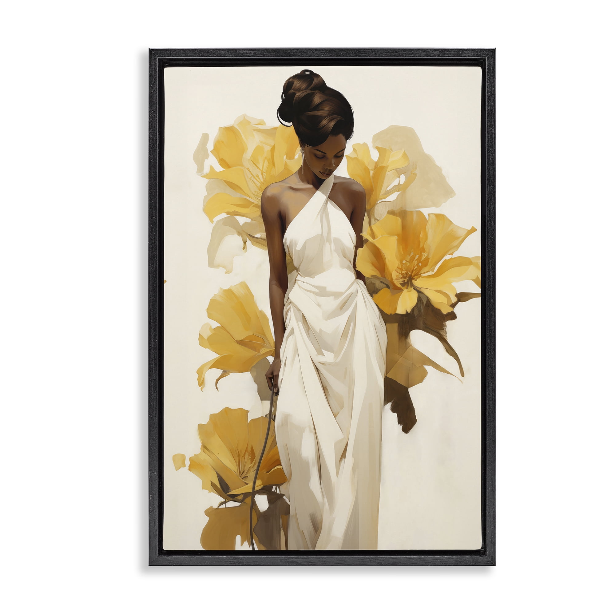 Stupell Industries Elegant Woman with Flowers People Painting Black Floater Framed Canvas Art Print Wall Art, 21 x 31
