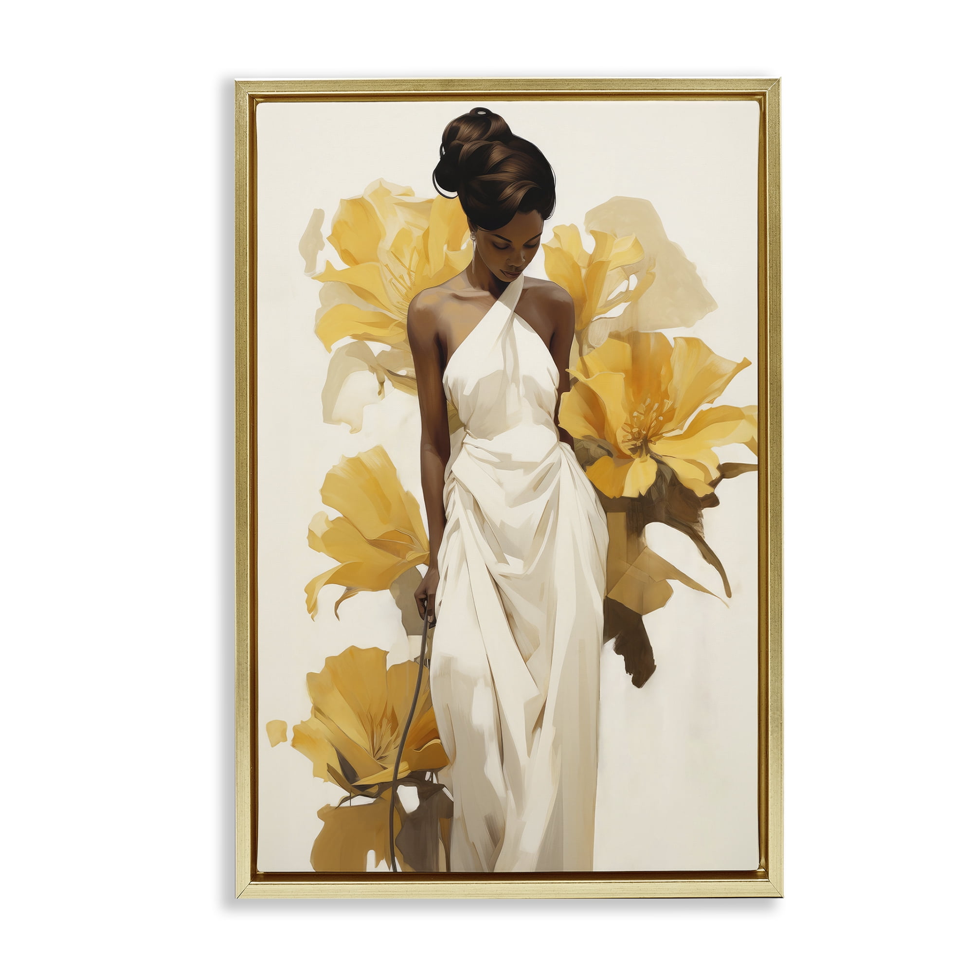 Stupell Industries Elegant Woman with Flowers People Painting Gold Floater Framed Canvas Art Print Wall Art, 17 x 25