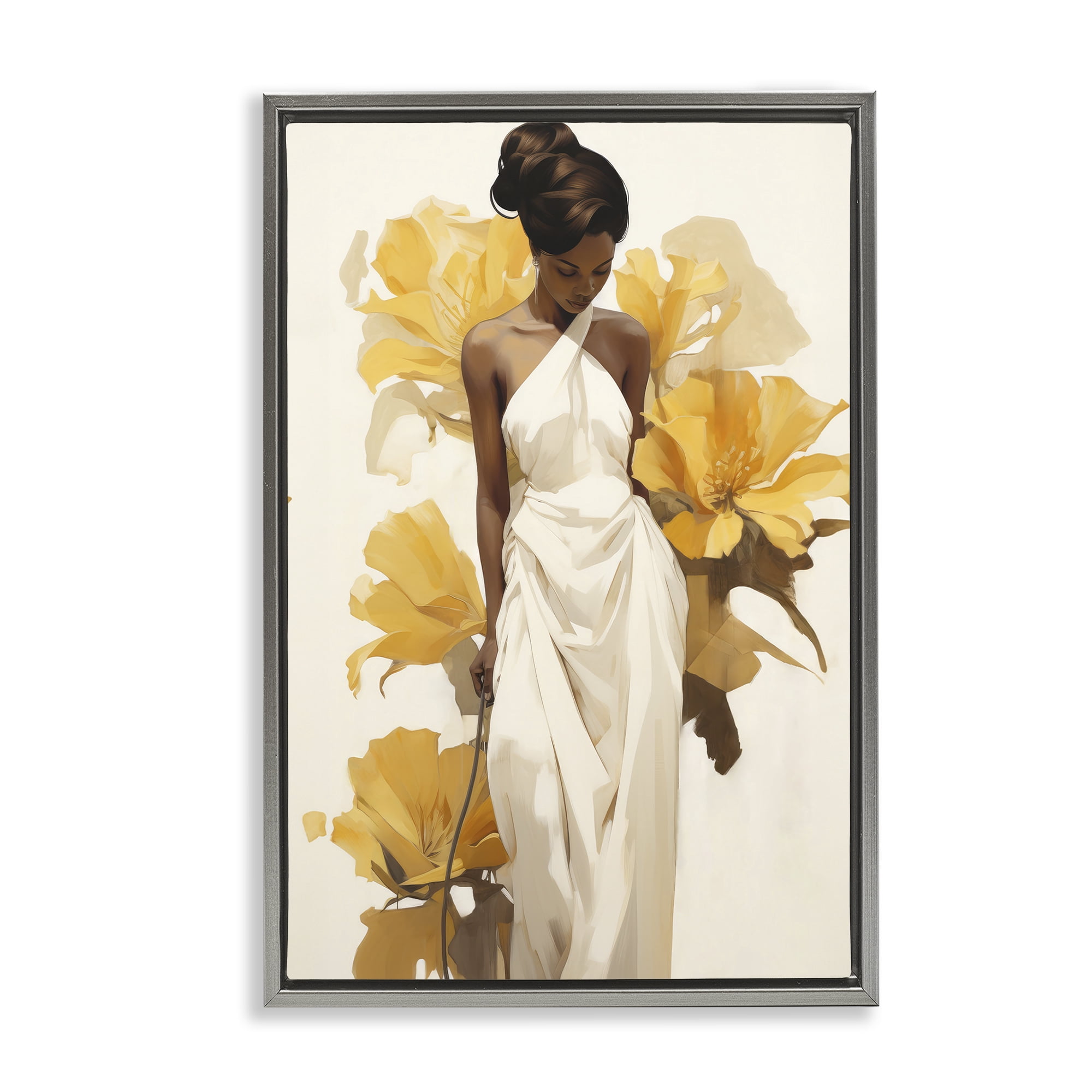 Stupell Industries Elegant Woman with Flowers People Painting Gray Floater Framed Canvas Art Print Wall Art, 21 x 31