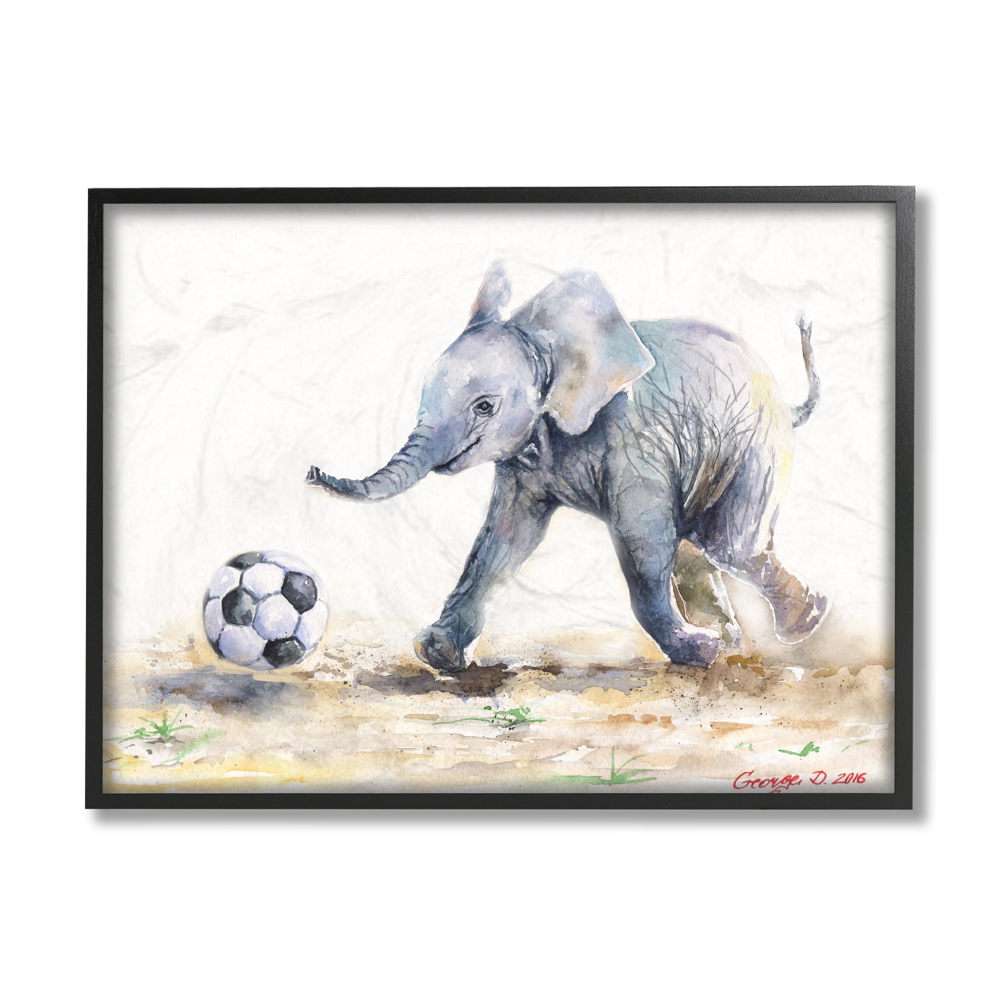 Stupell Industries Elephant Baby Playing Soccer Adorable Jungle Animal Black Framed, 24 x 30, Design by George Dyachenko