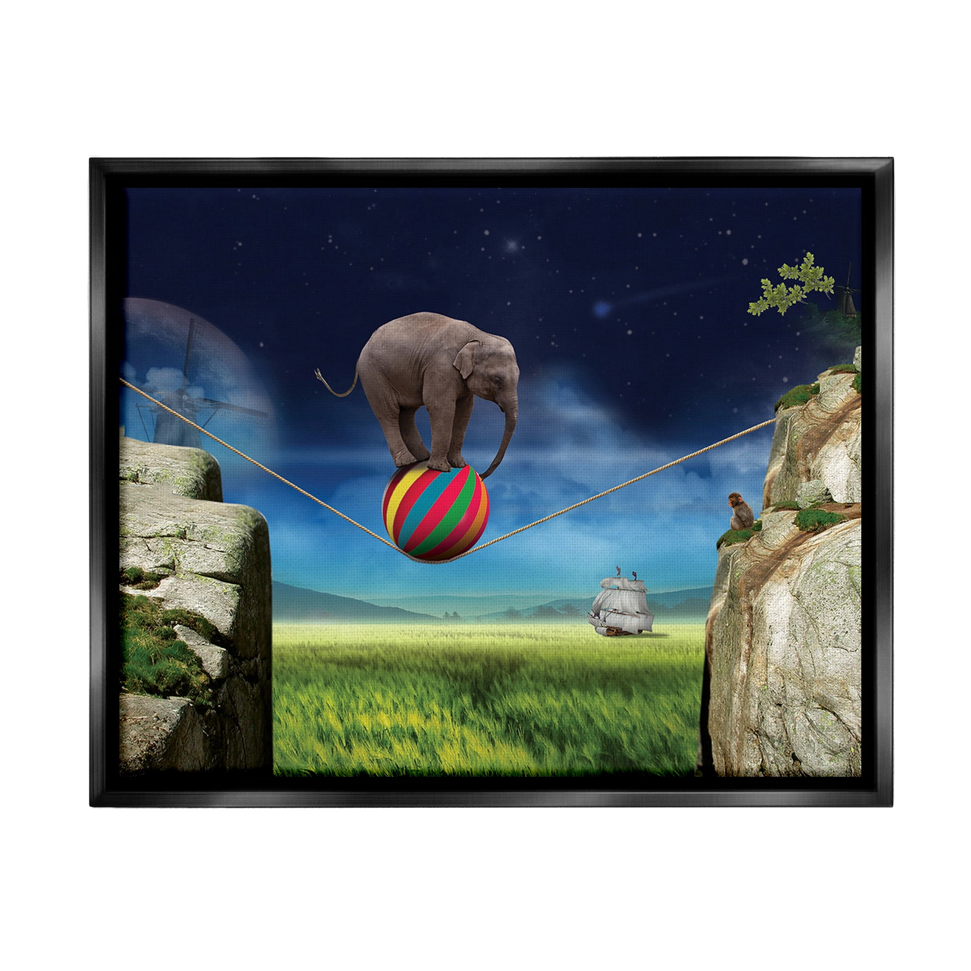 Stupell Industries Elephant Balancing on Ball Animals & Insects Painting Black Floater Framed Canvas Art Print Wall Art, 21 x 17