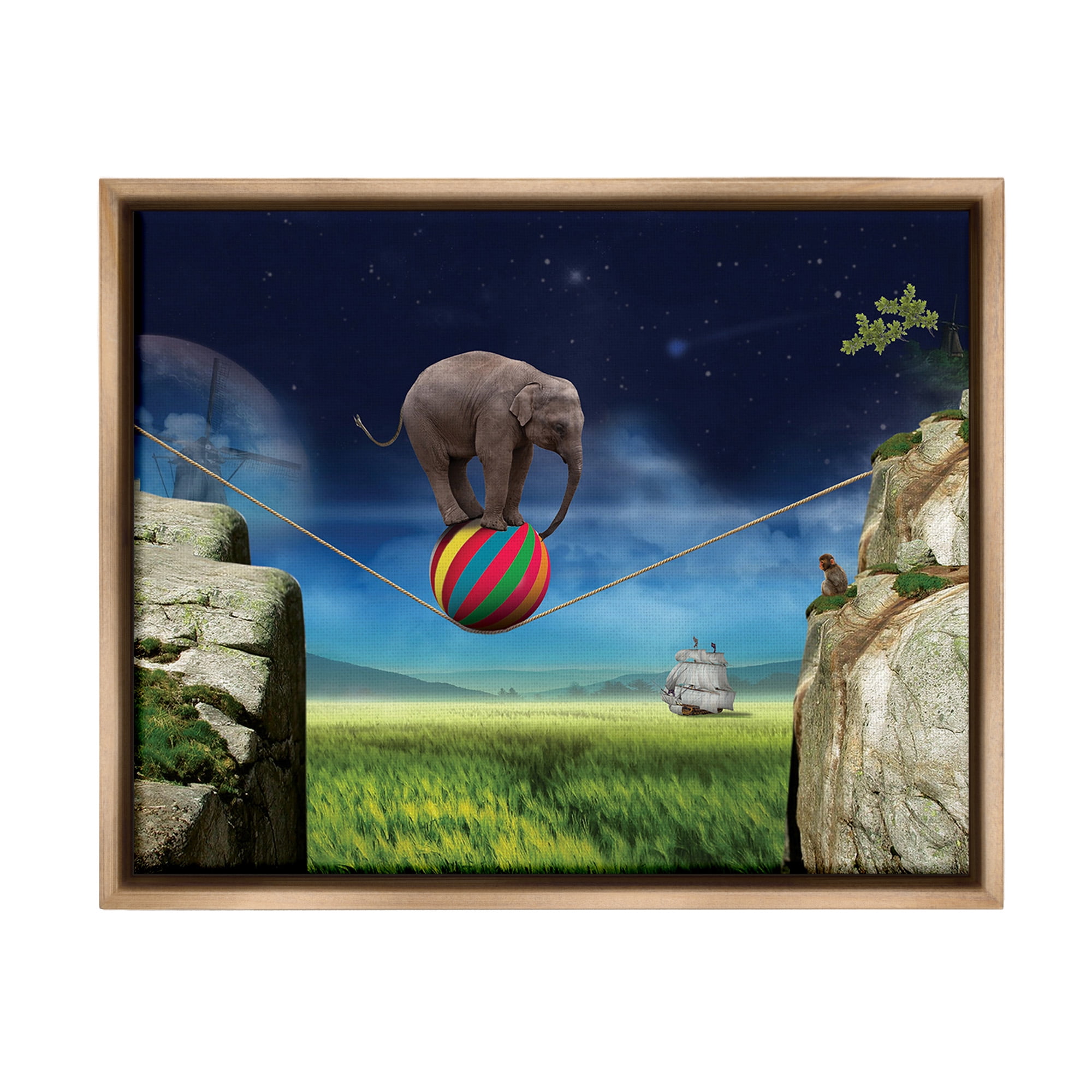Stupell Industries Elephant Balancing on Ball Animals & Insects Painting Brown Floater Framed Canvas Art Print Wall Art, 31 x 25