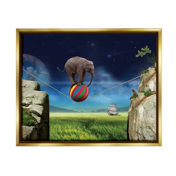 Stupell Industries Elephant Balancing on Ball Animals & Insects Painting Gold Floater Framed Canvas Art Print Wall Art, 21 x 17
