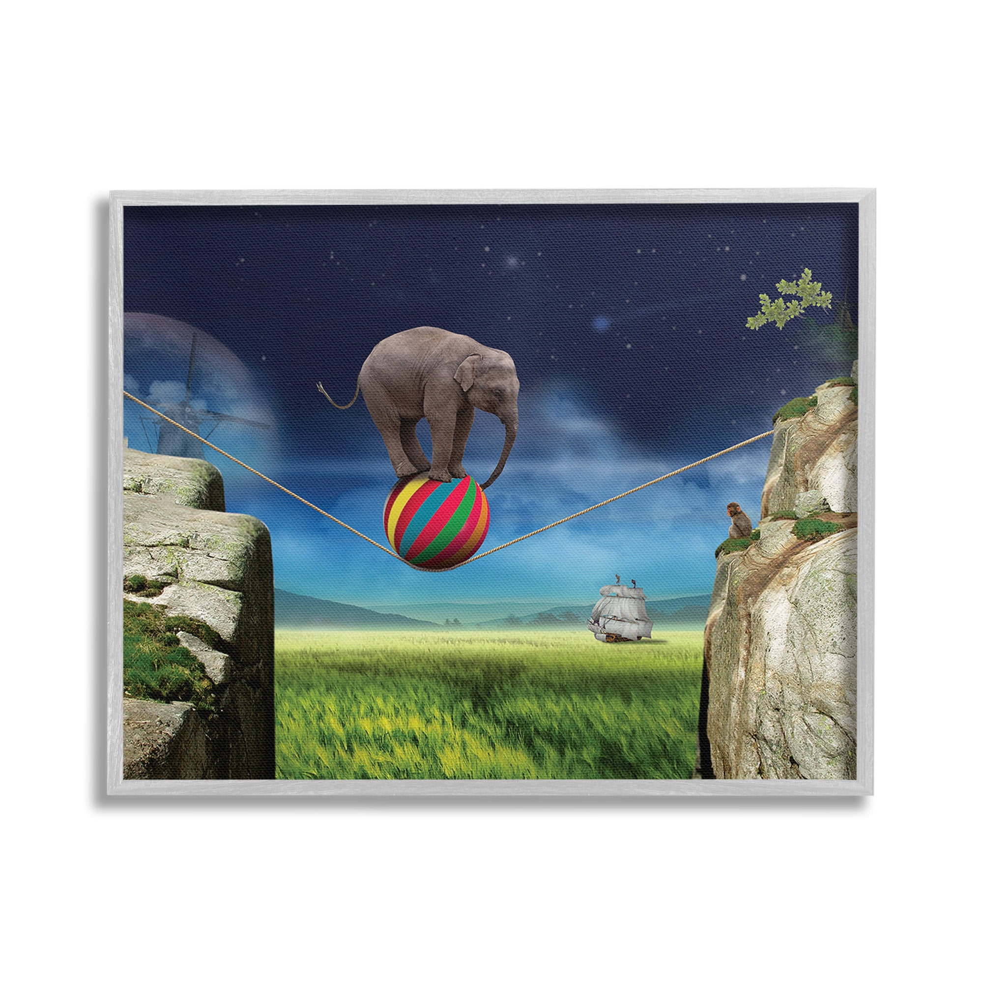 Stupell Industries Elephant Balancing on Ball Animals & Insects Painting Gray Framed Art Print Wall Art, 30 x 24