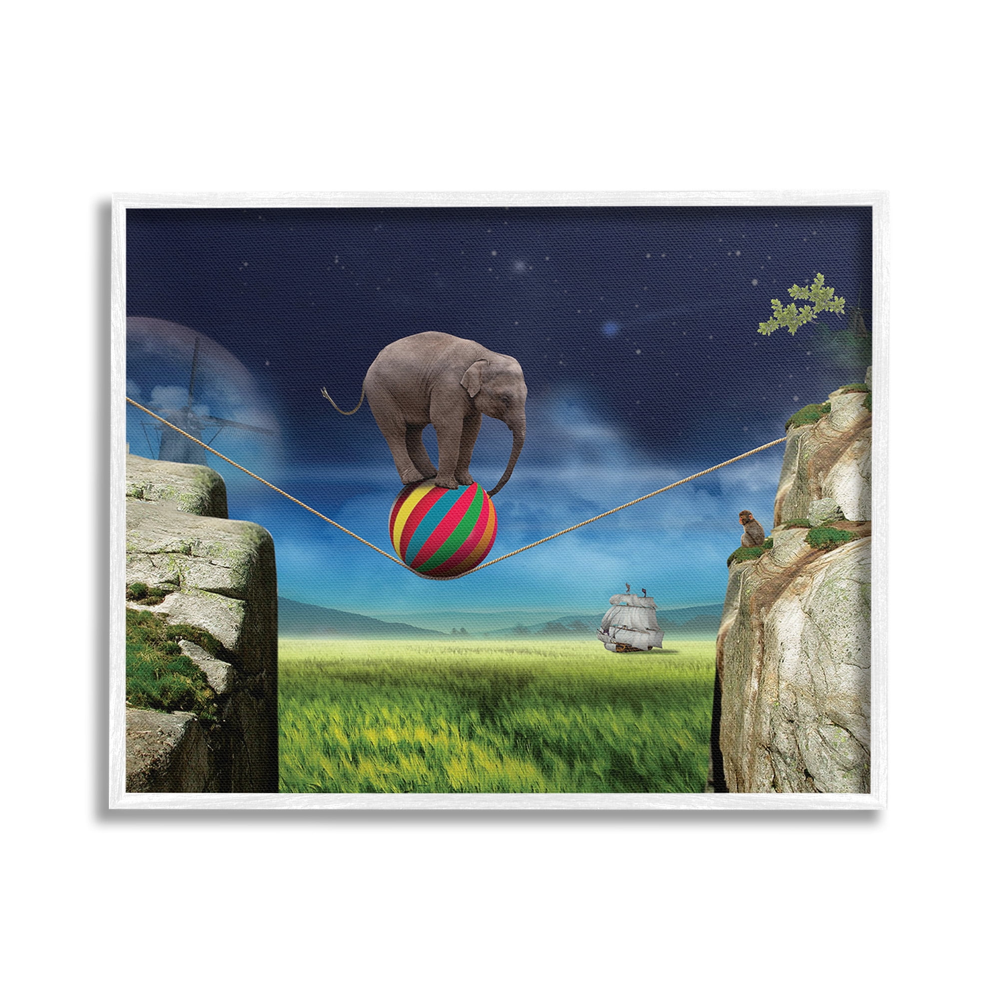 Stupell Industries Elephant Balancing on Ball Animals & Insects Painting White Framed Art Print Wall Art, 20 x 16