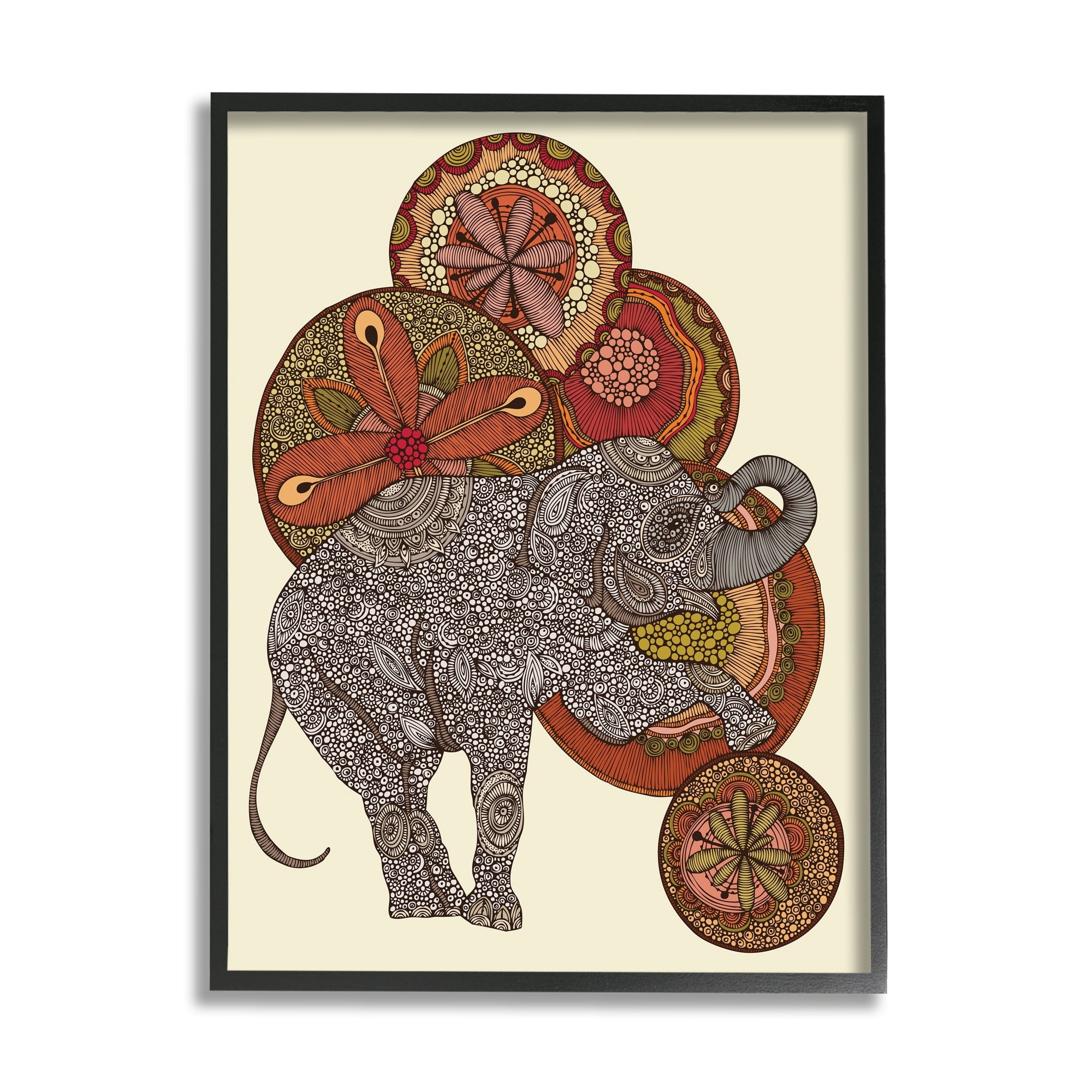 Stupell Industries Elephant & Ball Detailed Mandala Fractals Floral Shapes Graphic Art Black Framed Art Print Wall Art, Design by Valentina Harper