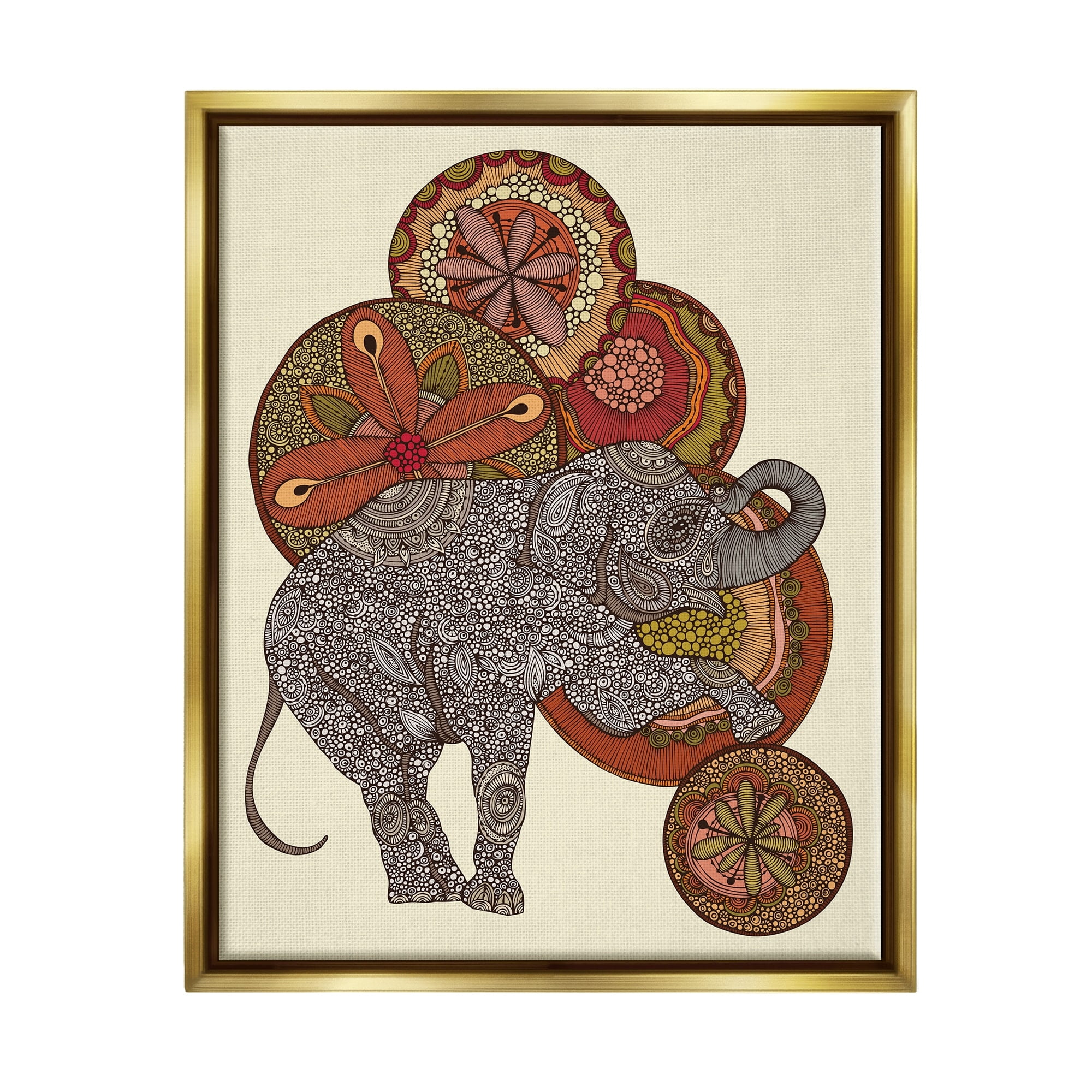 Stupell Industries Elephant & Ball Detailed Mandala Fractals Floral Shapes Graphic Art Metallic Gold Floating Framed Canvas Print Wall Art, Design by Valentina Harper