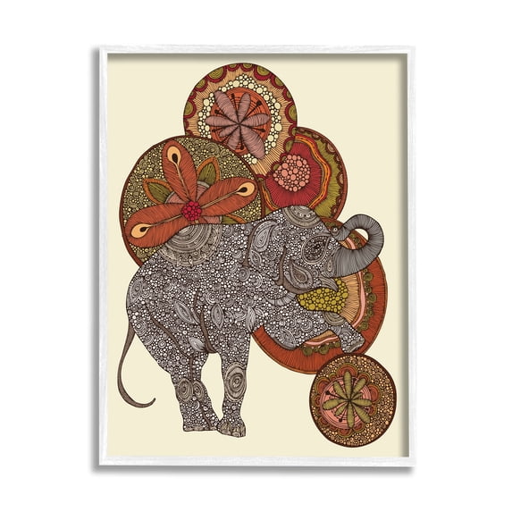 Stupell Industries Elephant & Ball Detailed Mandala Fractals Floral Shapes Graphic Art White Framed Art Print Wall Art, Design by Valentina Harper
