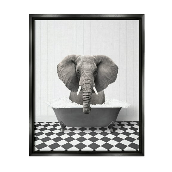 Stupell Industries Elephant Bathing in Tub Animals & Insects Painting Black Floater Framed Art Print Wall Art, 17 x 21