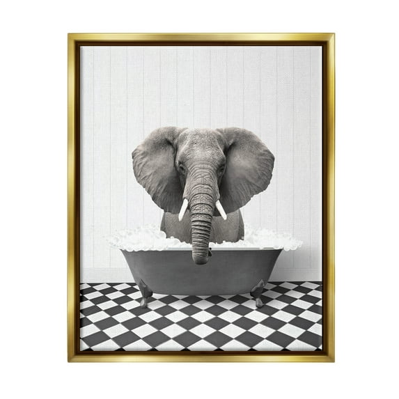 Stupell Industries Elephant Bathing in Tub Animals & Insects Painting Gold Floater Framed Art Print Wall Art, 25 x 31