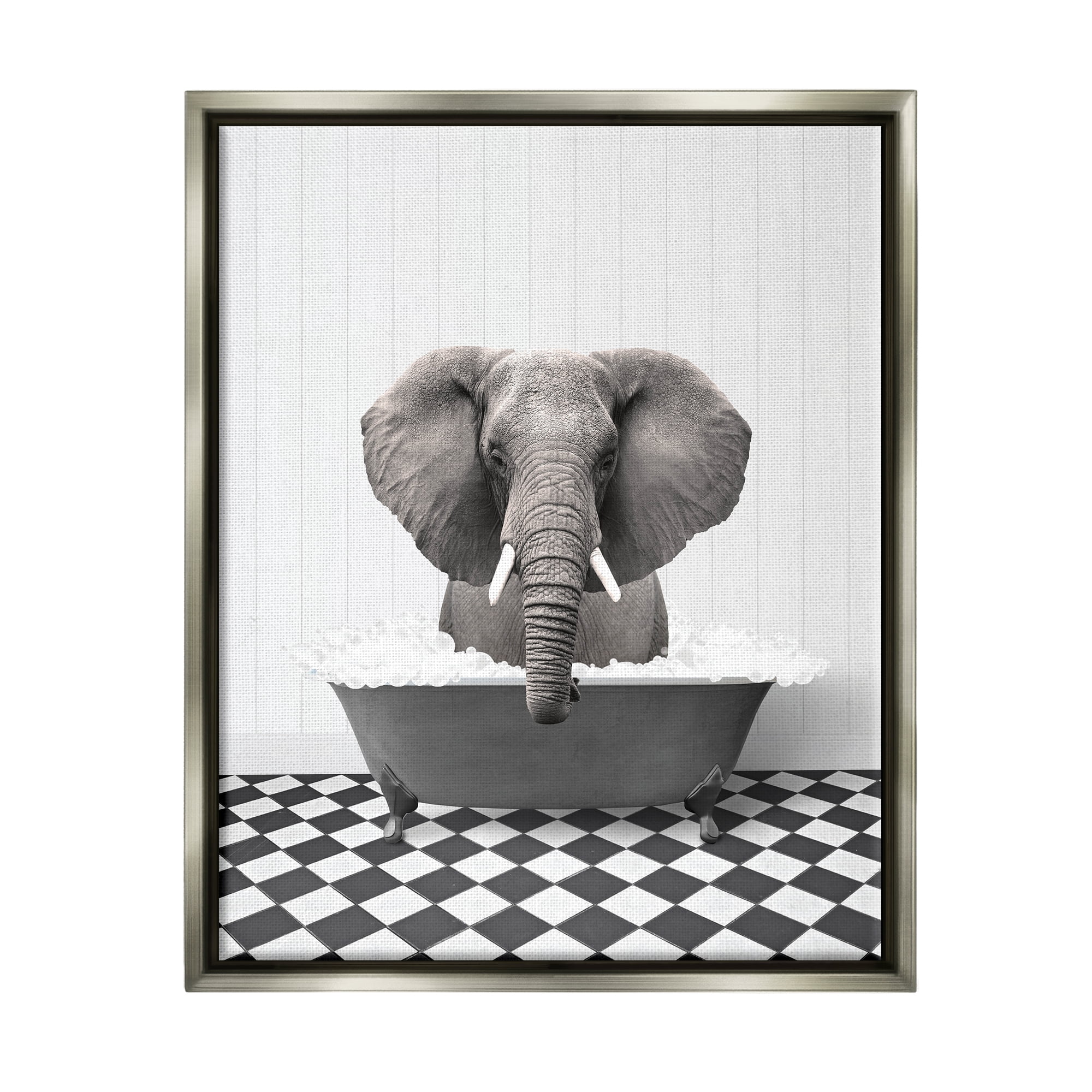 Stupell Industries Elephant Bathing in Tub Animals & Insects Painting Gray Floater Framed Art Print Wall Art, 25 x 31
