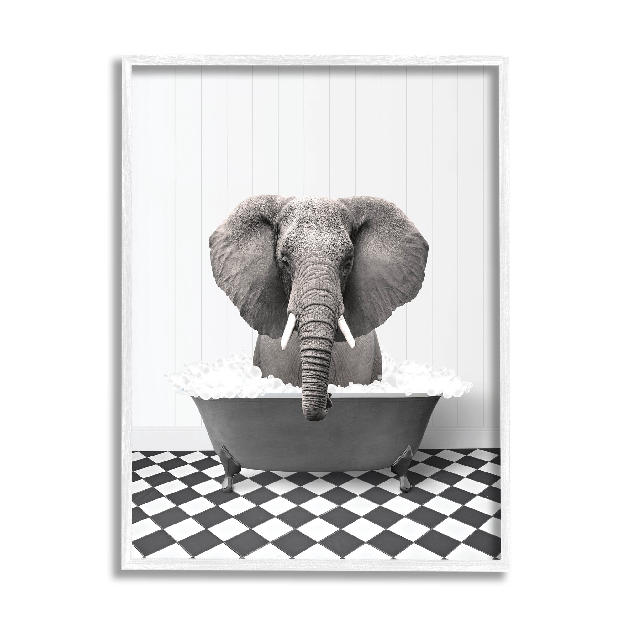 Stupell Industries Elephant Bathing in Tub Animals & Insects Painting White Framed Art Print Wall Art, 24 x 30