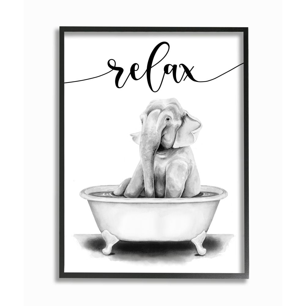 Stupell Industries Elephant Bathroom Relax Text Animal Tub Sketch Framed Wall Art Design by Rachel Nieman