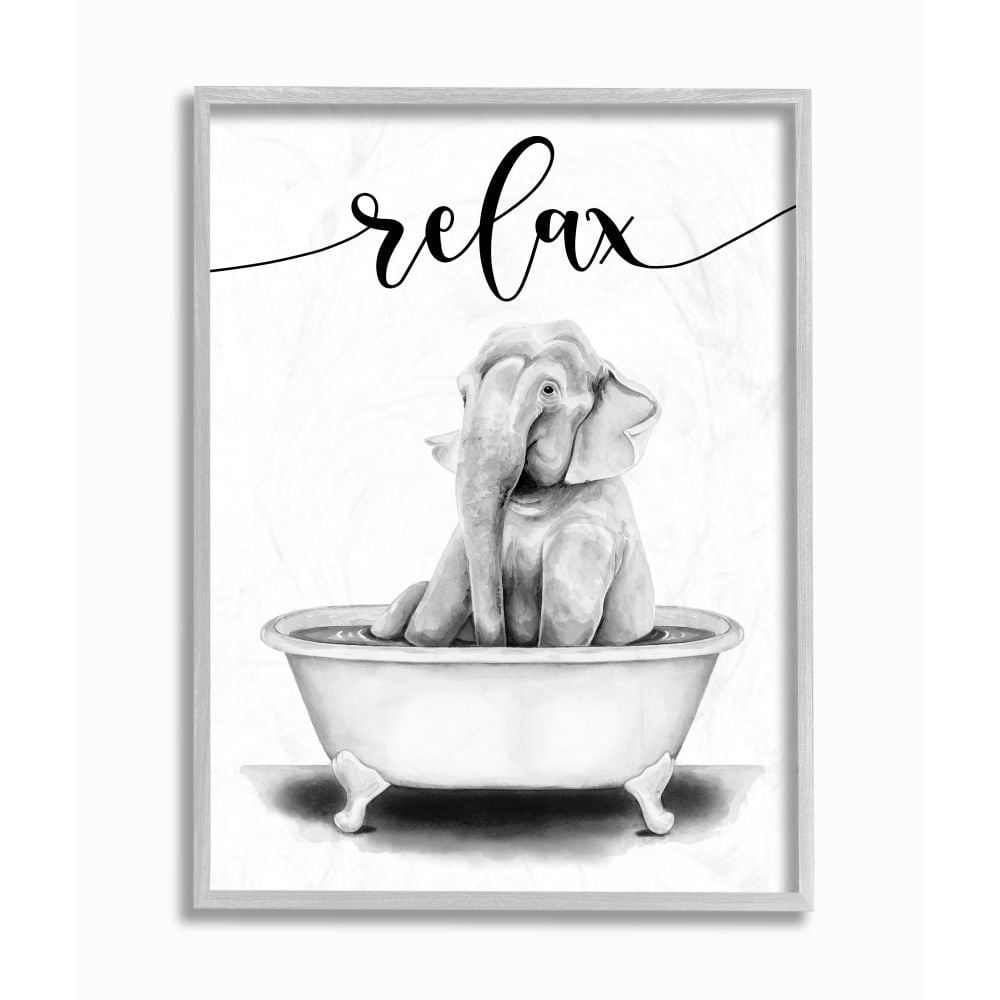 Stupell Industries Elephant Bathroom Relax Text Animal Tub Sketch Framed Wall Art Design by Rachel Nieman, 16" x 20", Gray Framed